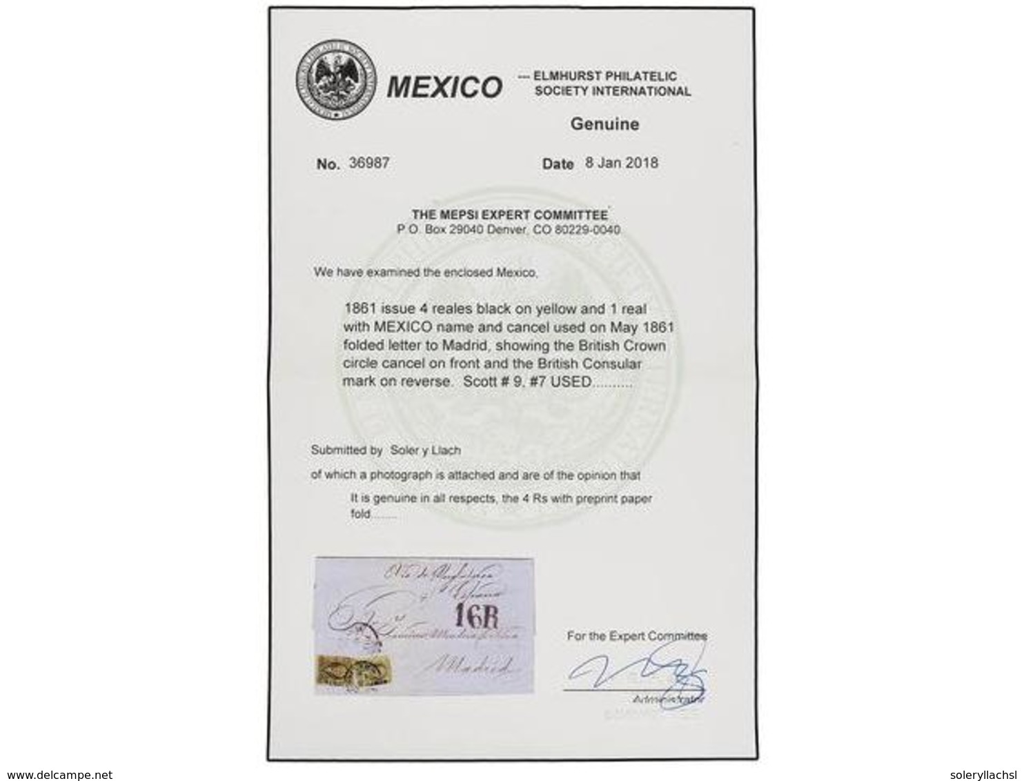 MEXICO. Sc.7, 9. 1861. MÉXICO A MADRID. 1 Real Negro S. Verde Y 4 Reales Negro S. Amarillo Circulado Vía El Consulado Br - Autres & Non Classés