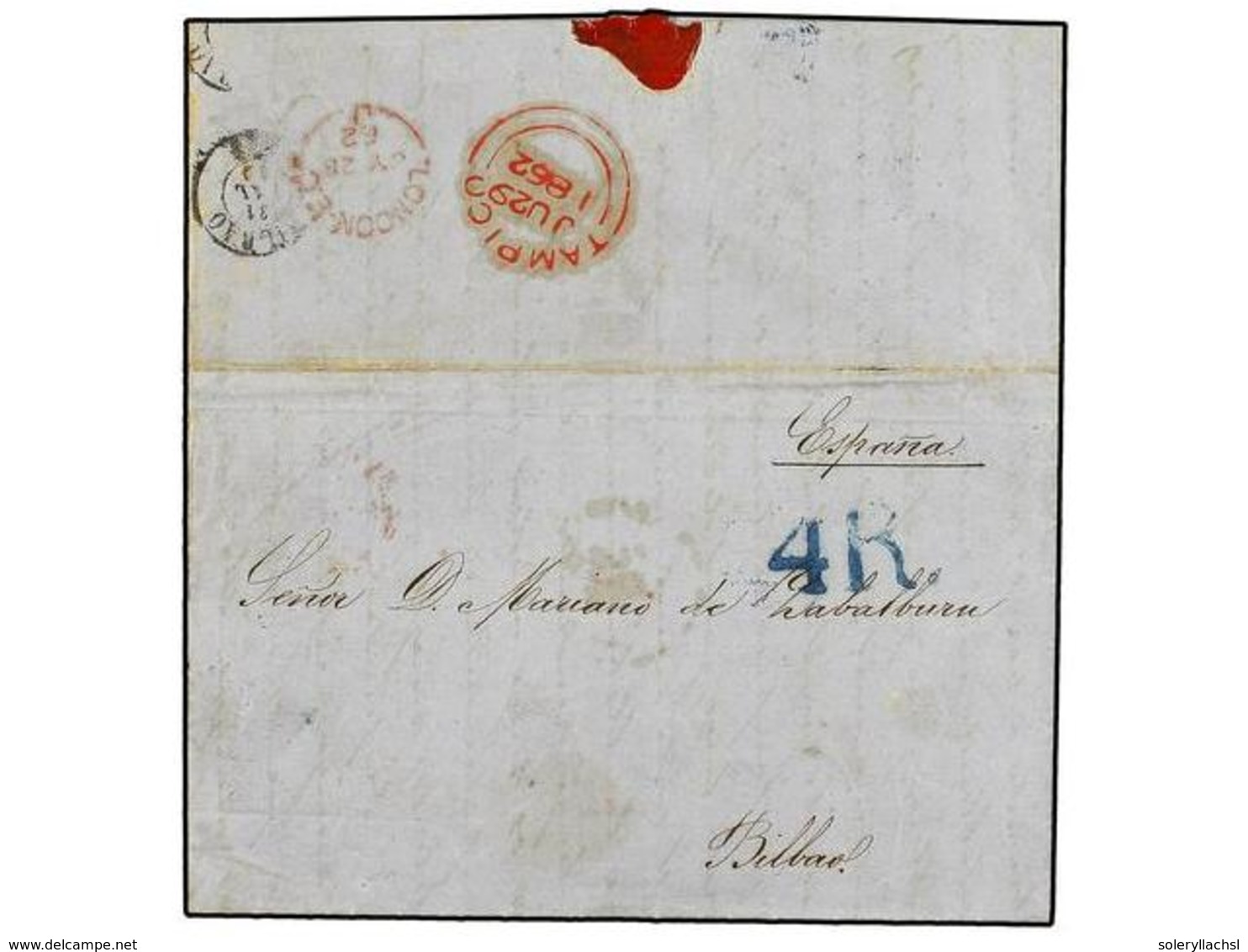 MEXICO. 1862. CIUDAD DEL MAIZ A BILBAO. Al Dorso Fechador De La B.P.O. De TAMPICO En Rojo, Tasada A La Llegada Con 4 Rea - Autres & Non Classés