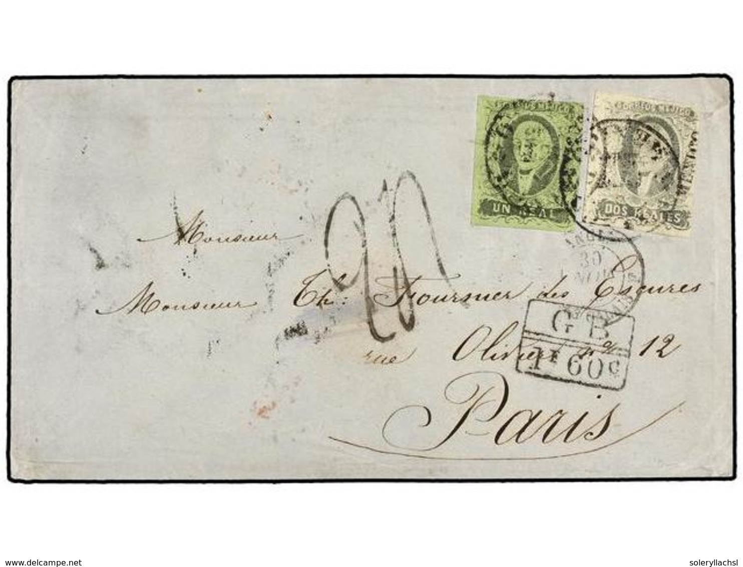 MEXICO. Sc.7,8. 1863. MEXICO A PARÍS. 1 Real Negro S. Verde Y 2 Reales Negro S. Rosa. Circulada Por El Correo Británico, - Autres & Non Classés