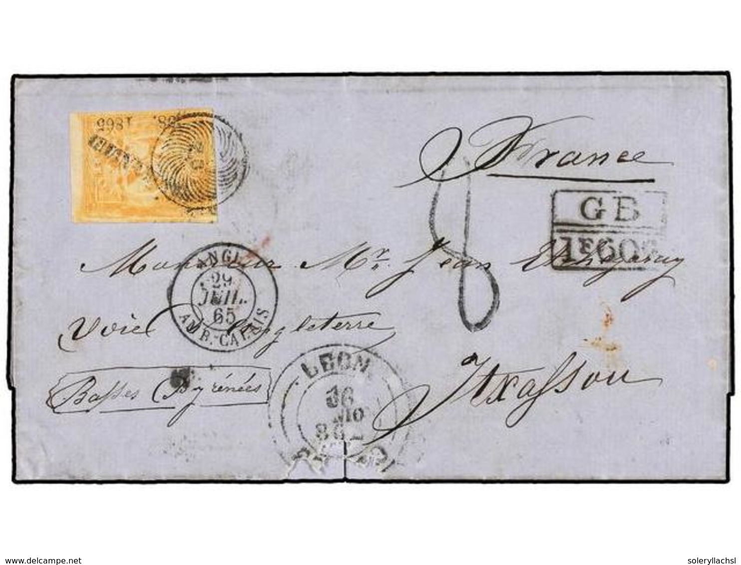 MEXICO. 1865. LEON A FRANCIA. 2 Reales Amarillo, Mat. Circular De León, Circulada Vía Inglaterra, Marca De Intercambio G - Other & Unclassified