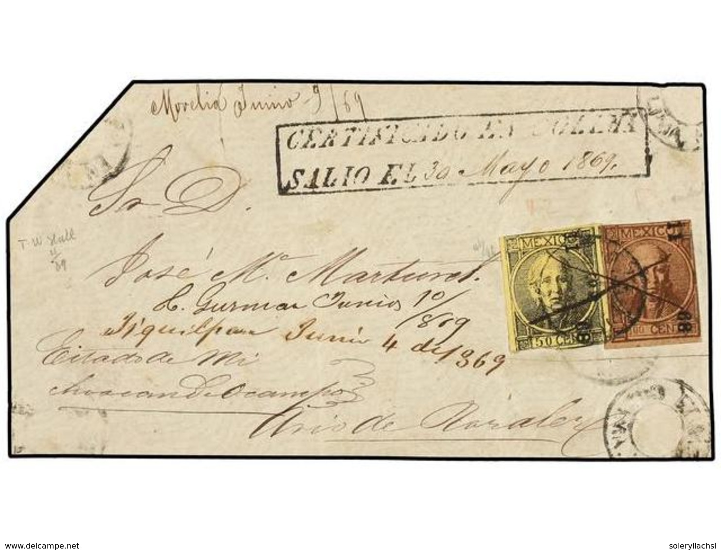 MEXICO. Sc.49, 51. 1869. COLIMA A MICHOACHÁN. Frente De Carta CERTIFICADA Franqueada Con Sellos De 50 Cents. Negro S. Am - Autres & Non Classés