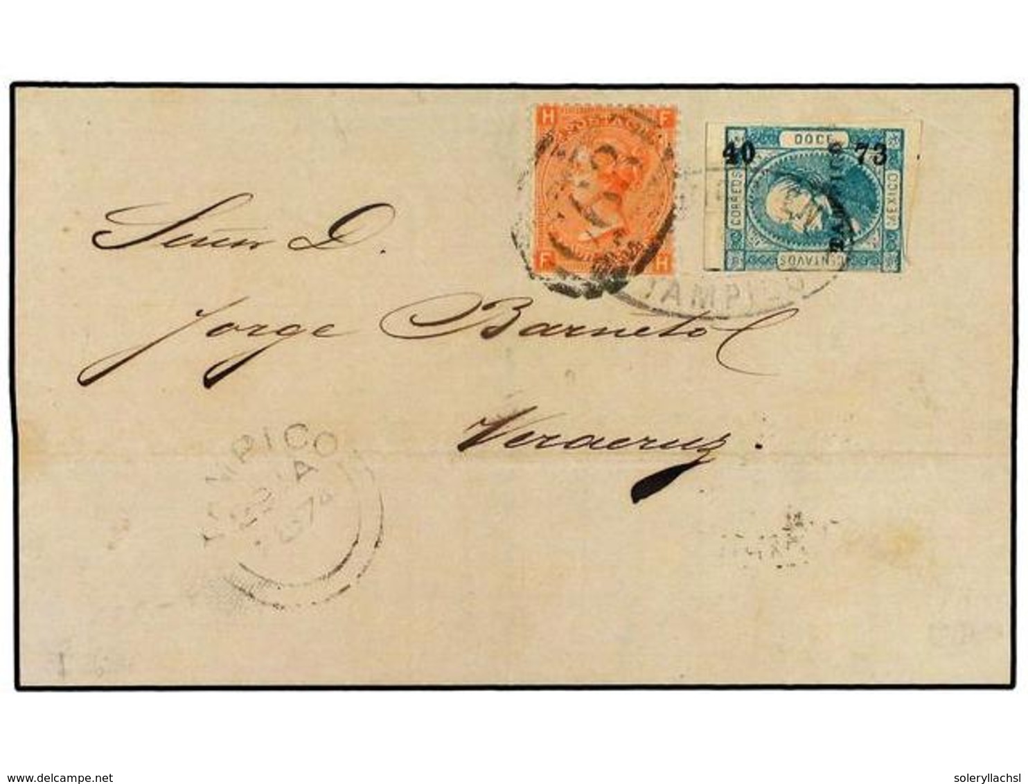 MEXICO. 1874. TAMPICO A VERACRUZ. 12 Ctvos. Azul Para El Pago Del Franqueo Local Y Sello Inglés De 4p. Naranja Para El P - Other & Unclassified