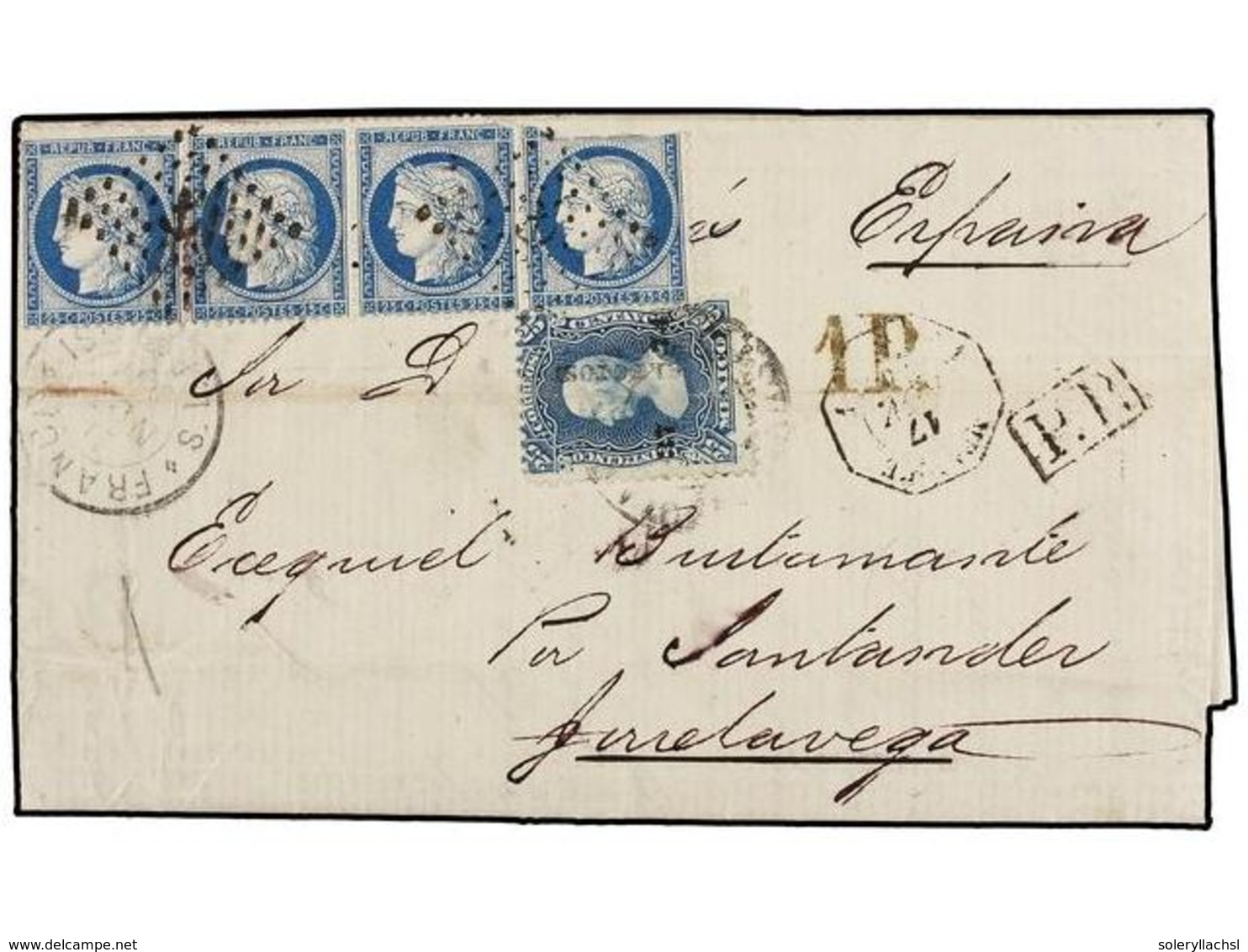 MEXICO. 1874. SAN LUIS DE POTOSÍ A TORRELAVEGA (España). Circulada Con Sello De 25 Cts. Azul Para El Pago Del Correo Loc - Autres & Non Classés