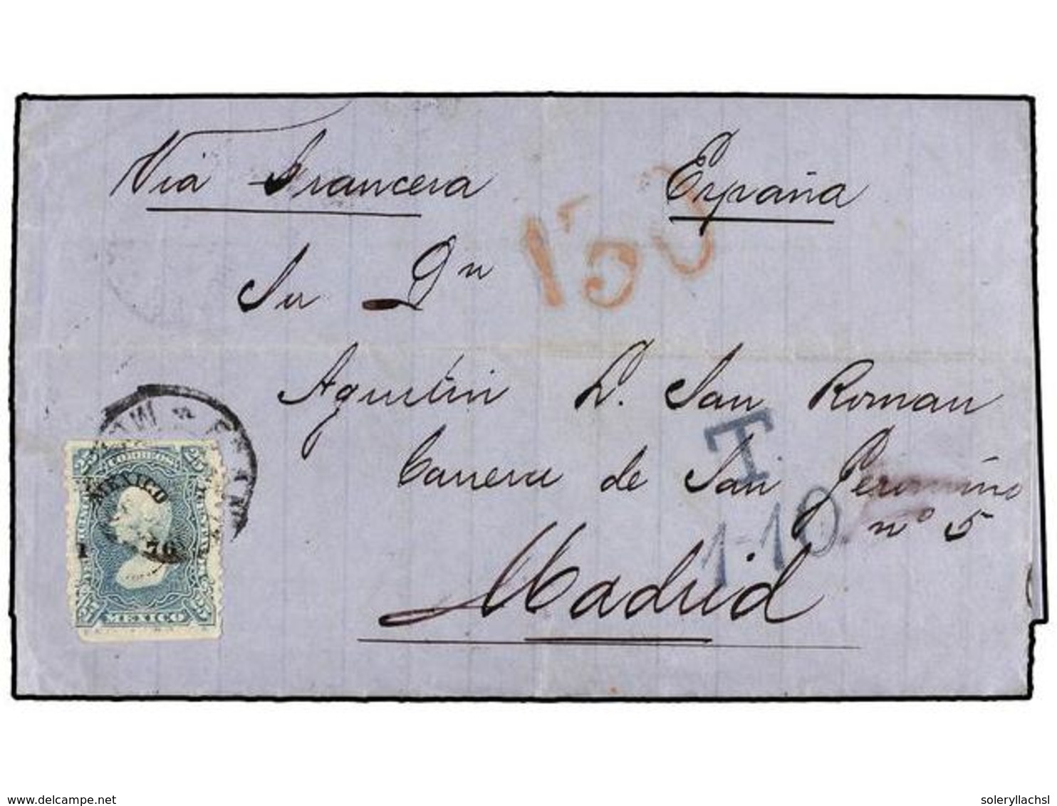 MEXICO. 1876. S. LUIS DE POTOSÍ A MADRID. Circulada Con Sello De 25 Cts. Azul, Mat. MÉXICO, Circulada Vía Inglaterra, Ta - Autres & Non Classés