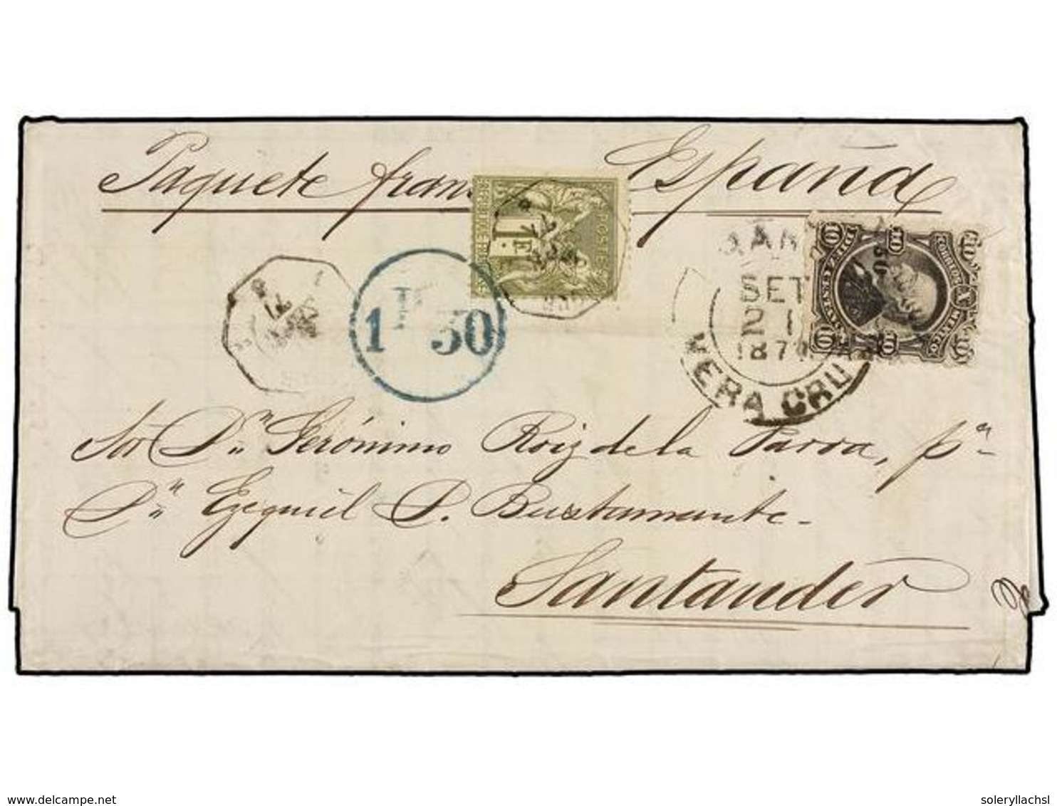 MEXICO. 1877. SAN LUIS DE POTOSÍ A SANTANDER (España). Circulada Con Sello De 10 Ctvs. Negro Para El Pago De Porte Local - Other & Unclassified