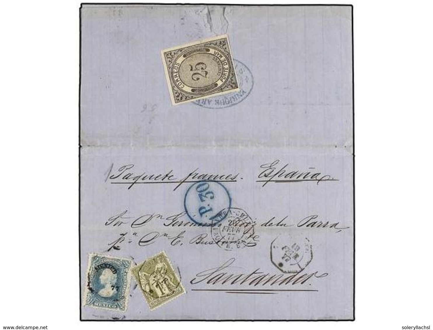 MEXICO. 1877. SAN LUIS DE POTOSÍ A SANTANDER (España). Circulada Con Sello De 25 Cts. Azul Para El Pago Del Porte Local  - Autres & Non Classés