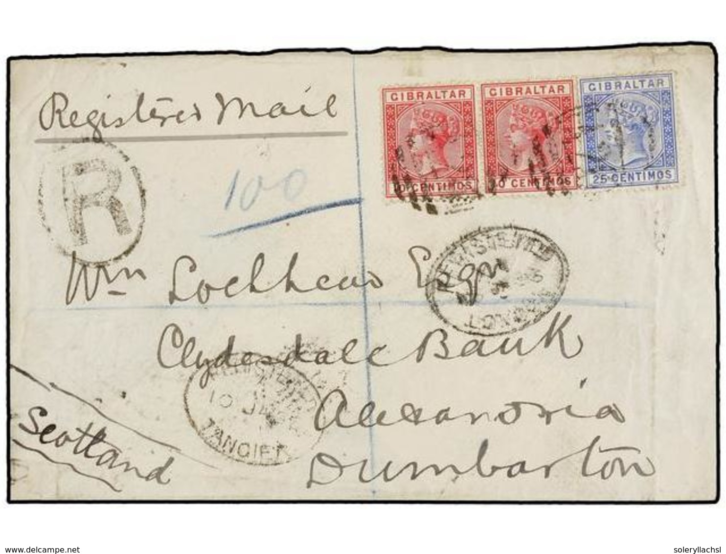 MARRUECOS INGLES. 1896. TANGIER To SCOTLAND. Registered Cover Franked With Gibraltar 10 Cts. (2) And 25 Cts. Blue Stamp  - Sonstige & Ohne Zuordnung