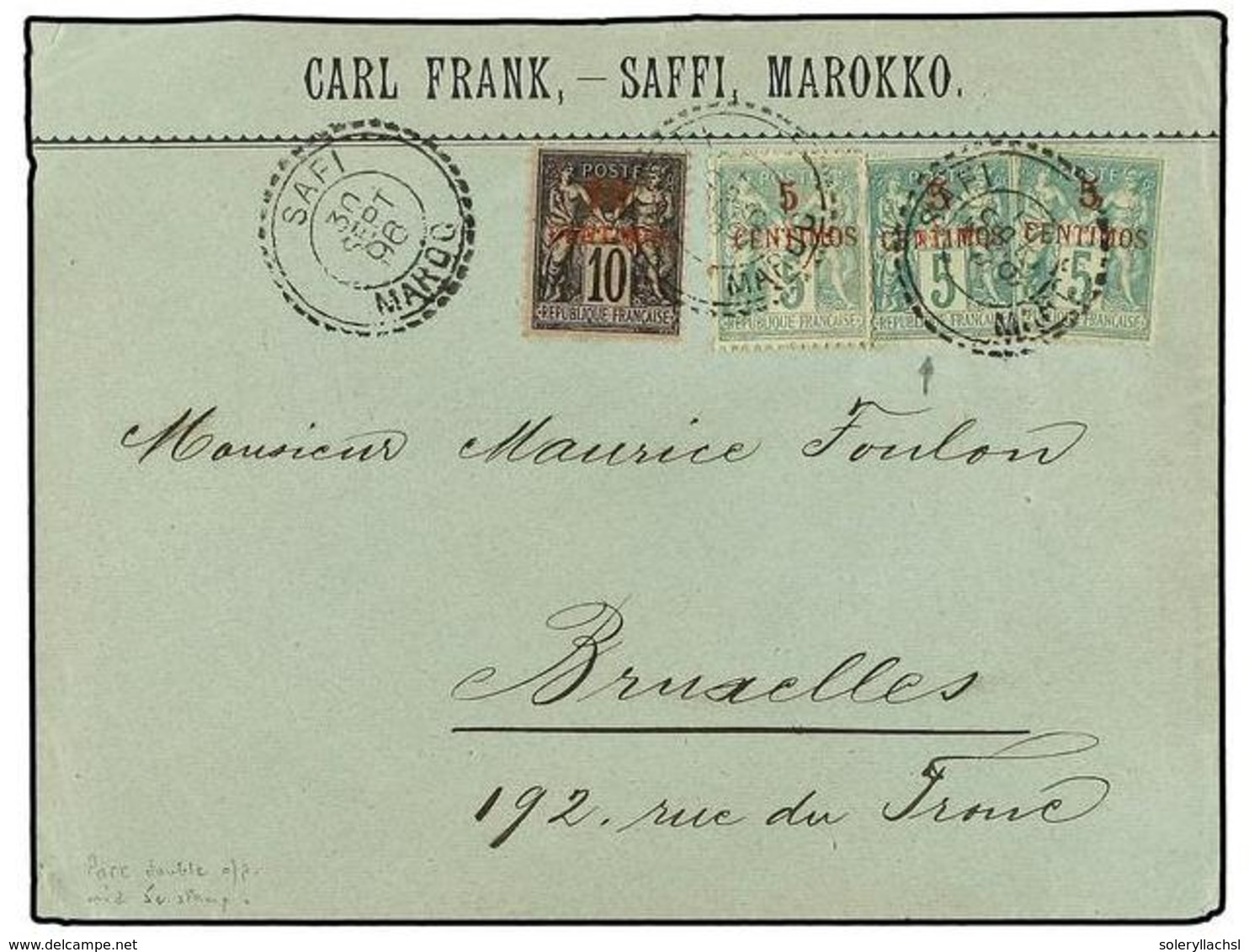 MARRUECOS FRANCES. Yv.2 (3), 3. 1896. SAFI A BRUSELAS. 5 Cts. Verde (3) Y 10 Cts. Negro. Un Sello De 5 Cts. DOBLE SOBREC - Sonstige & Ohne Zuordnung