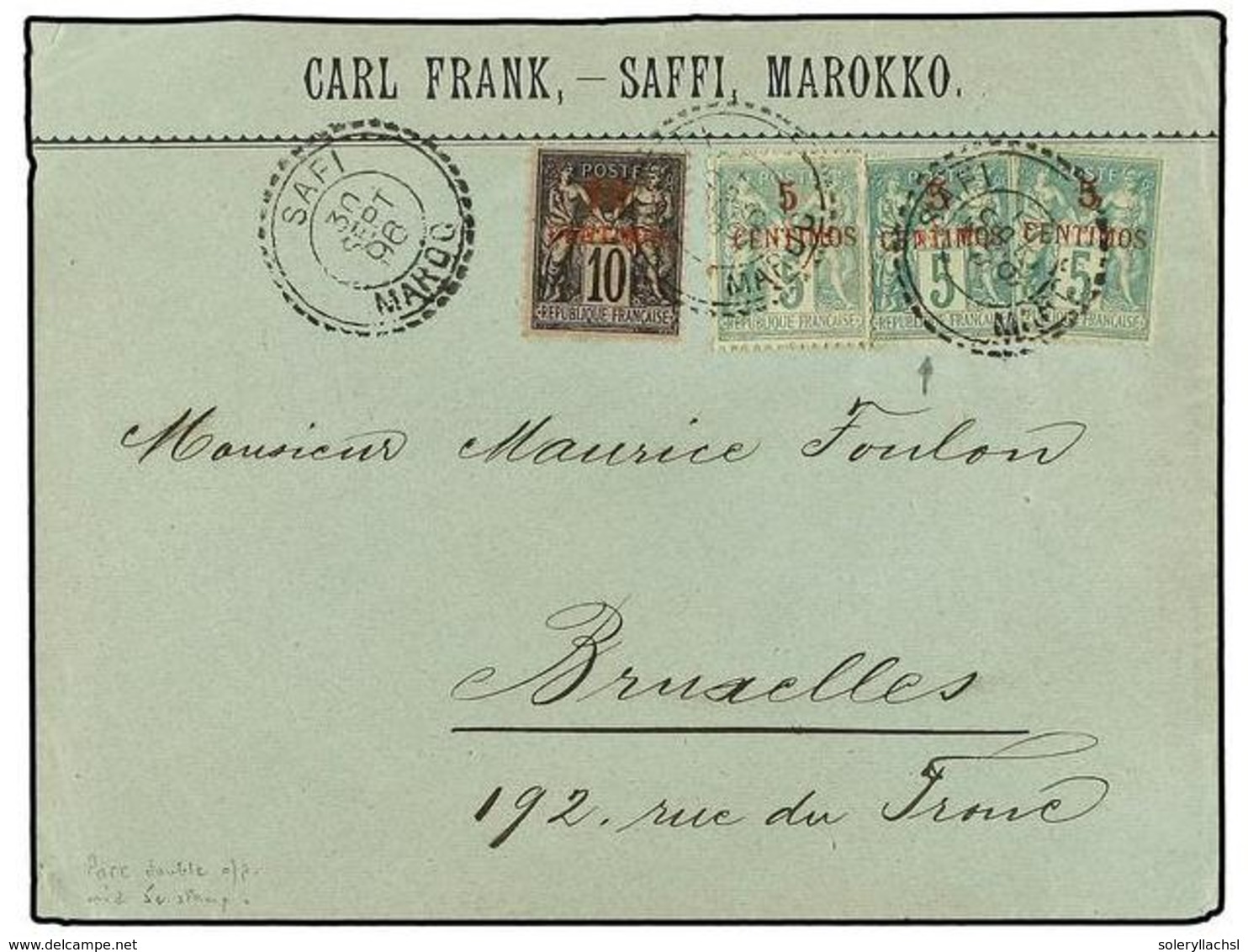 MARRUECOS FRANCES. Yv.2 (3), 3. 1896. SAFI A BRUSELAS. 5 Cts. Verde (3) Y 10 Cts. Negro. Un Sello De 5 Cts. DOBLE SOBREC - Autres & Non Classés