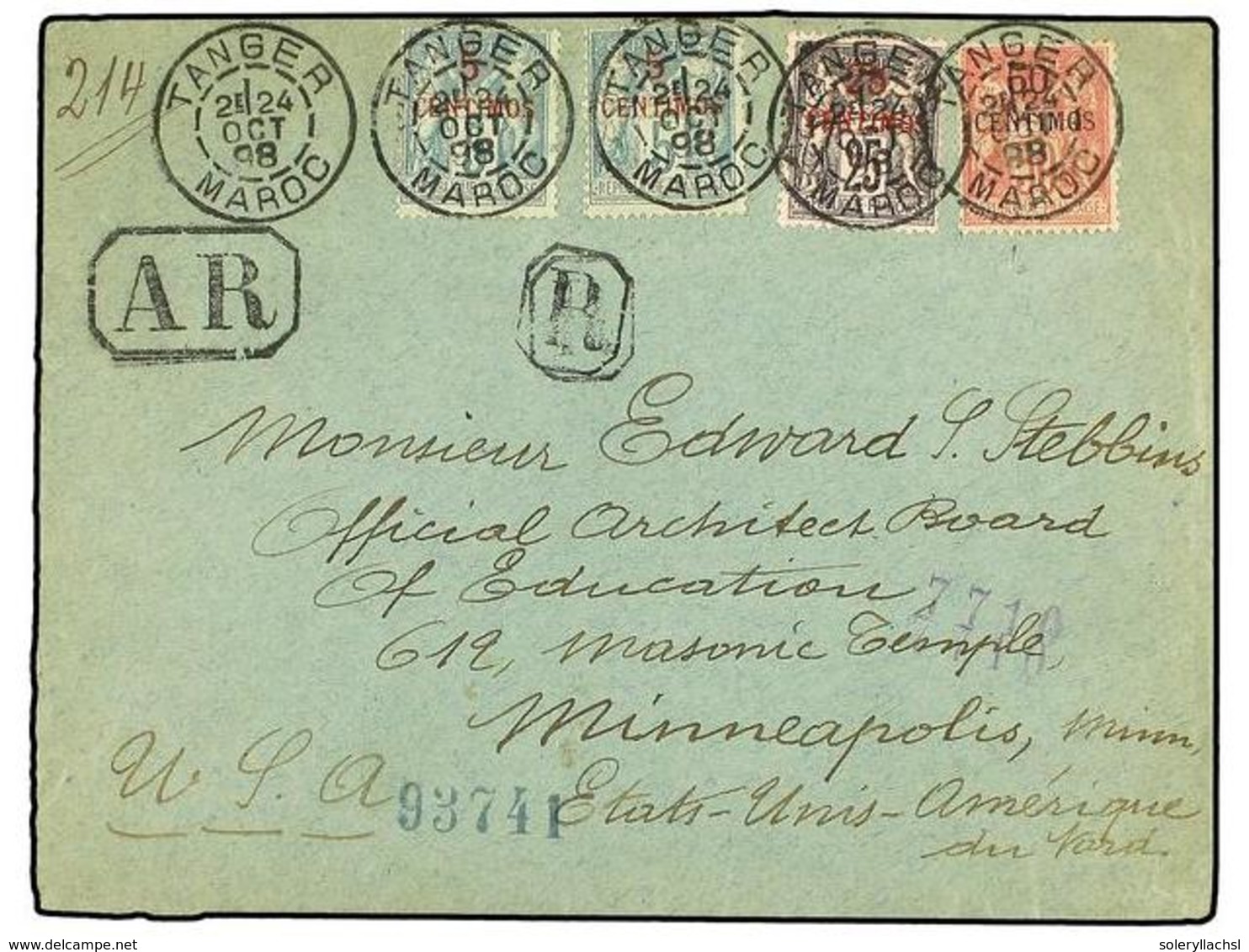 MARRUECOS. 1898. TANGER A U.S.A. 5 Cts. Verde (2), 25 Cts. Negro Y 50 Cts. Rojo. Carta Certificada Con AR Al Dorso Llega - Autres & Non Classés