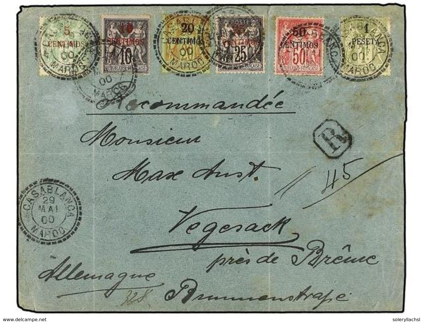 MARRUECOS FRANCES. Yv.2/7. 1900. CASABLANCA A ALEMANIA. Carta Certificada, Espectacular Franqueo Multicolor. Al Dorso Ll - Autres & Non Classés