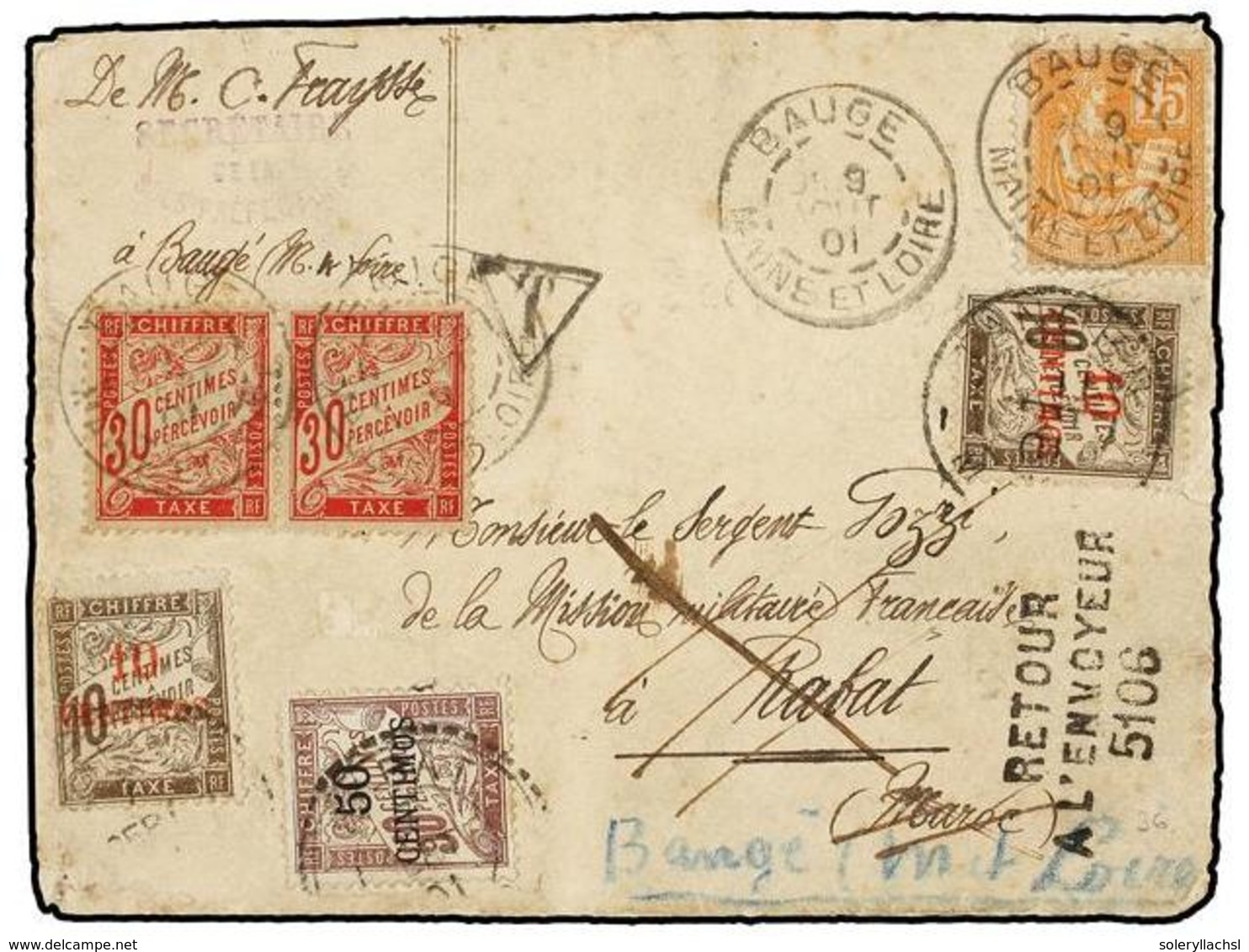 MARRUECOS FRANCES. Yv.2 (2), 4. 1901. BAUGE (Francia) A RABAT. 15 Cts. Naranja Tasada A La Llegada Con Sellos De Marruec - Autres & Non Classés