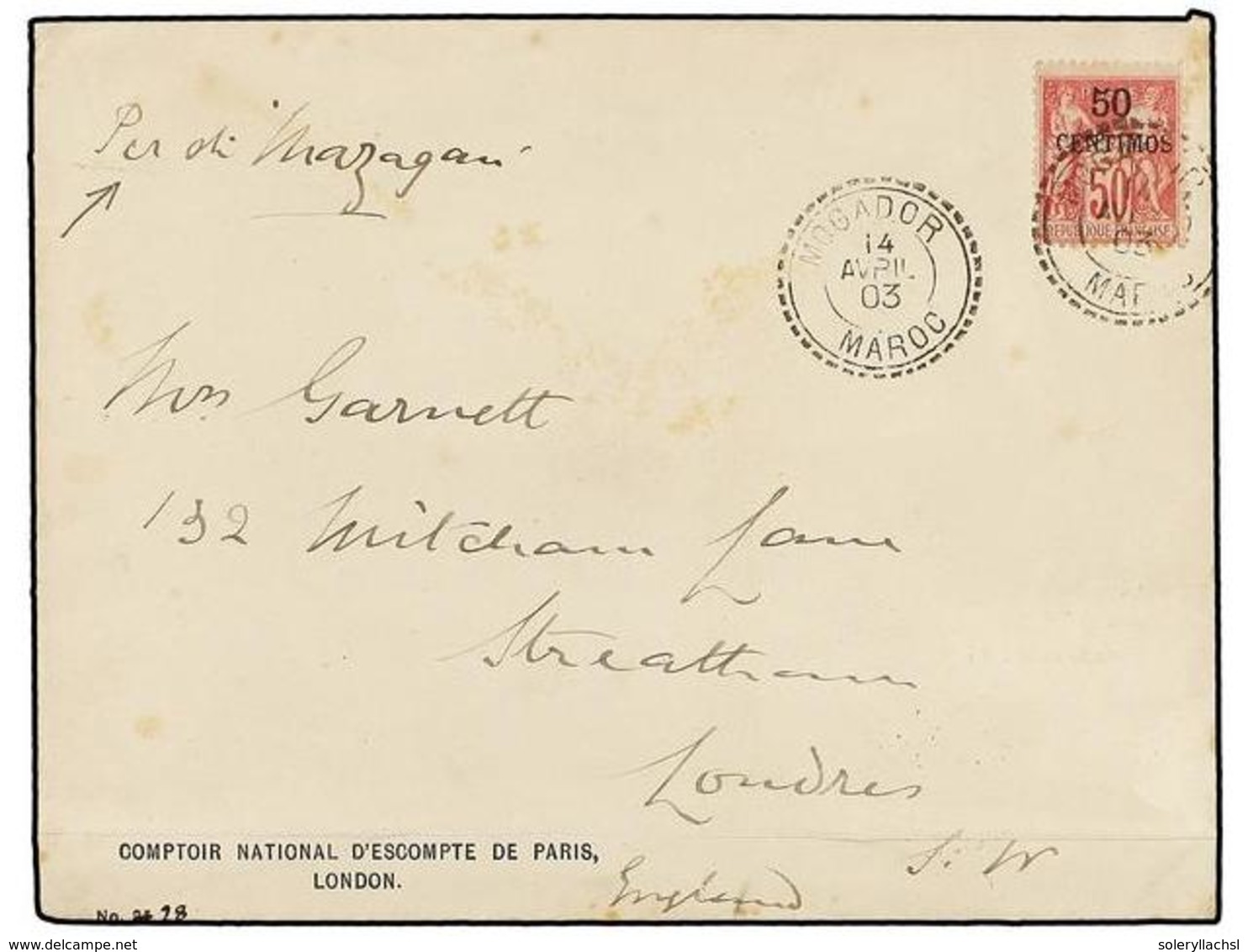 MARRUECOS FRANCES. Yv.6A. 1903. MOGADOR A LONDRES. 50 Cts. S. 50 Cts. Rosa Tipo I. Rarísima En Carta. - Sonstige & Ohne Zuordnung