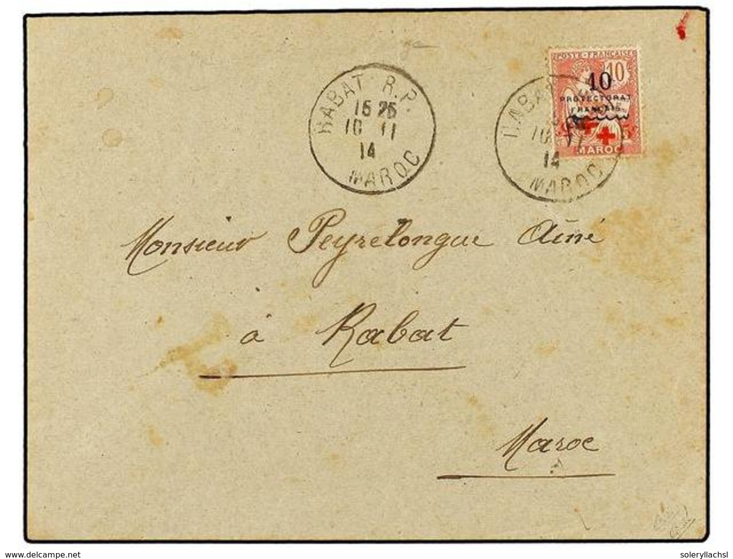 MARRUECOS FRANCES. Yv.57e. 1914. RABAT. +5 C. S. 10 Cts. Rojo DOBLE SOBRECARGA, UNA INVERTIDA. Raro En Carta. - Sonstige & Ohne Zuordnung