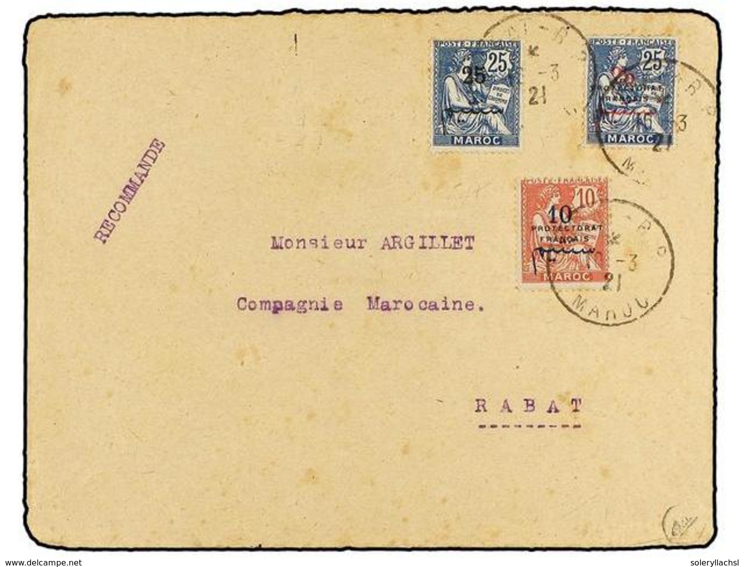 MARRUECOS FRANCES. Yv.32a, 42 Y 44. 1921. RABAT. 25 Cts. Azul SOBRECARGA NEGRA Con Sellos De 10 Cts. Y 25 Cts. Rara En C - Autres & Non Classés