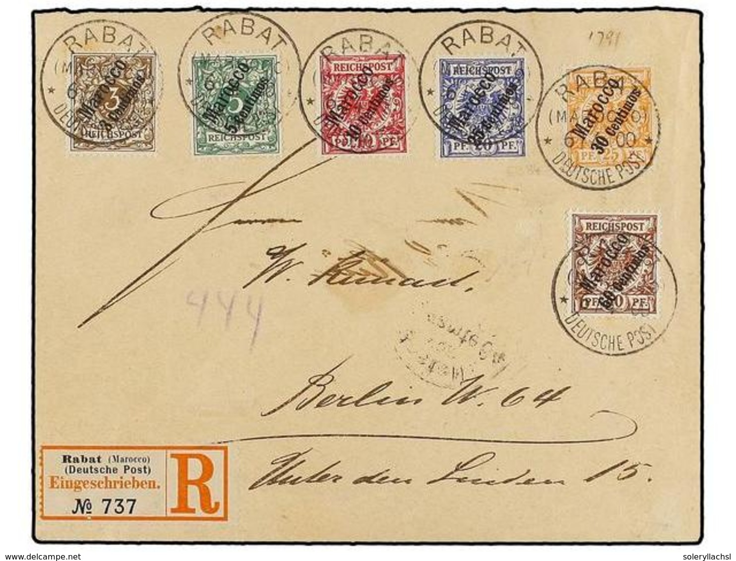 MARRUECOS ALEMAN. Mi.1/6. 1900. RABAT A ALEMANIA. Serie Completa En Carta Certificada, Al Dorso Llegada. - Andere & Zonder Classificatie