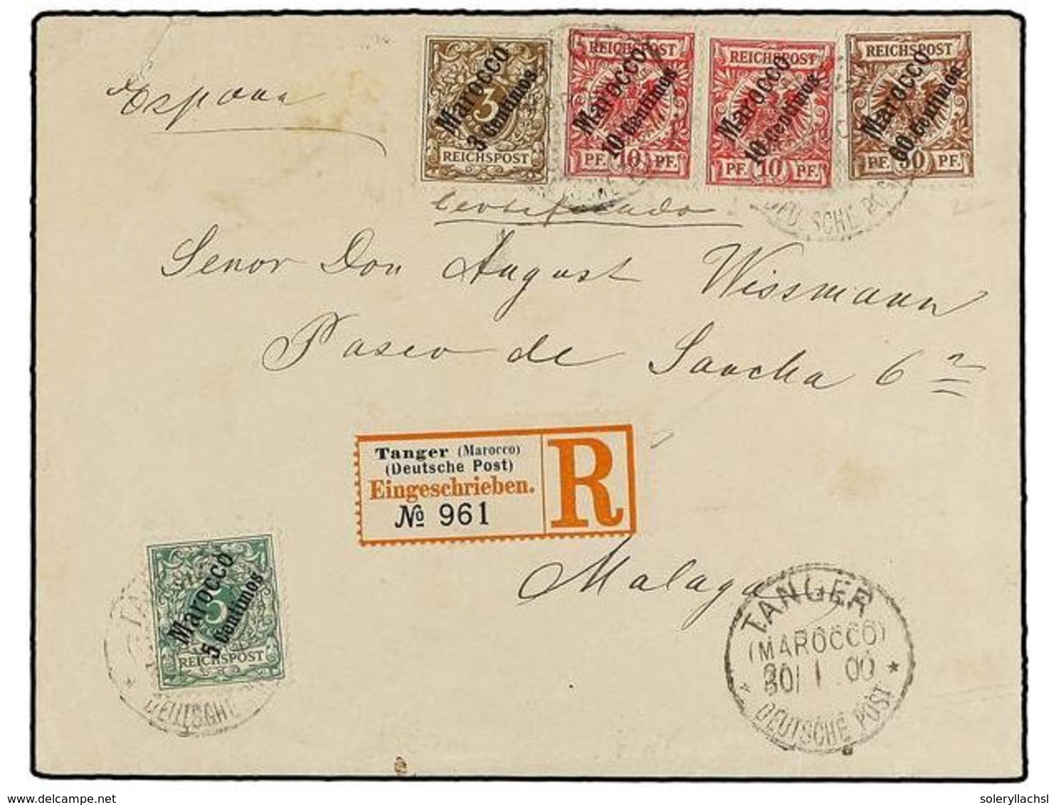 MARRUECOS ALEMAN. Mi.1, 2, 3 (2), 6. 1900. TANGER A MÁLAGA (España). 3 Cts., 5 Cts., 10 Cts. (2) Y 60 Cts. Carta Certifi - Sonstige & Ohne Zuordnung