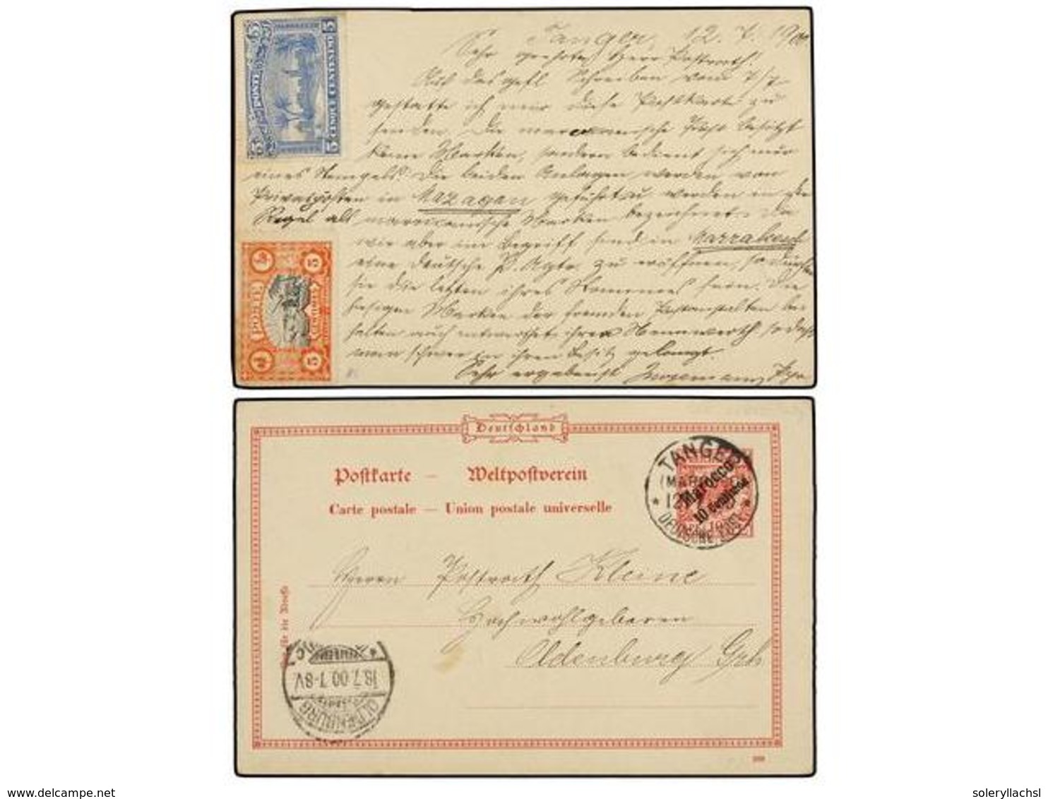 MARRUECOS: CORREO LOCAL. 1900. TANGER A OLDEMBURG (Alemania). Entero Postal De 10 Cts. S. 10 Pf. Al Dorso Sellos De Los  - Autres & Non Classés