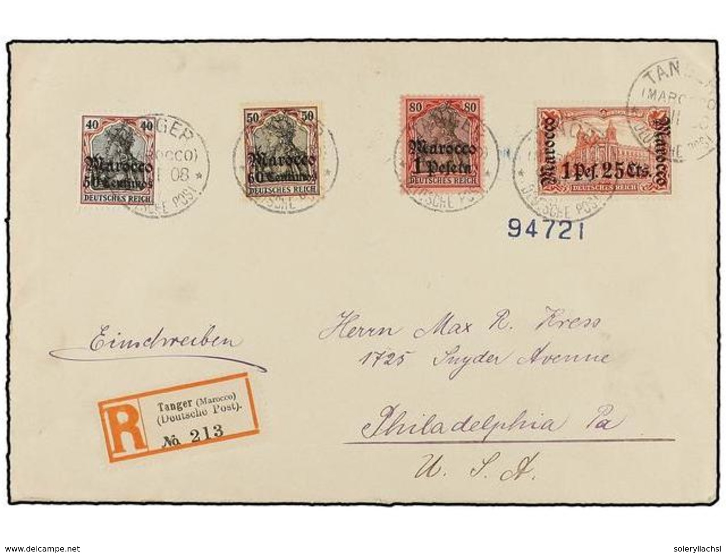 MARRUECOS ALEMAN. Mi.27/30. 1908. TANGER A U.S.A. Carta Certificada, Precioso Franqueo, Al Dorso Llegada. - Otros & Sin Clasificación