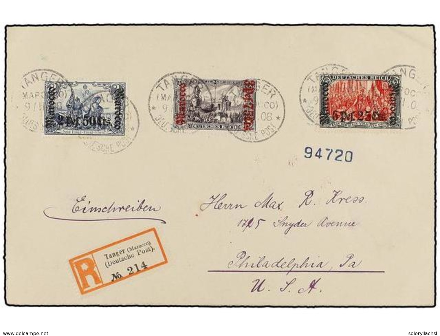 MARRUECOS ALEMAN. Mi.31/33. 1908. TANGER A USA. 2,50 Pts. Azul, 3,75 Pts. Violeta Y 6,25 Pts. Rojo Y Verde En Carta Cert - Autres & Non Classés