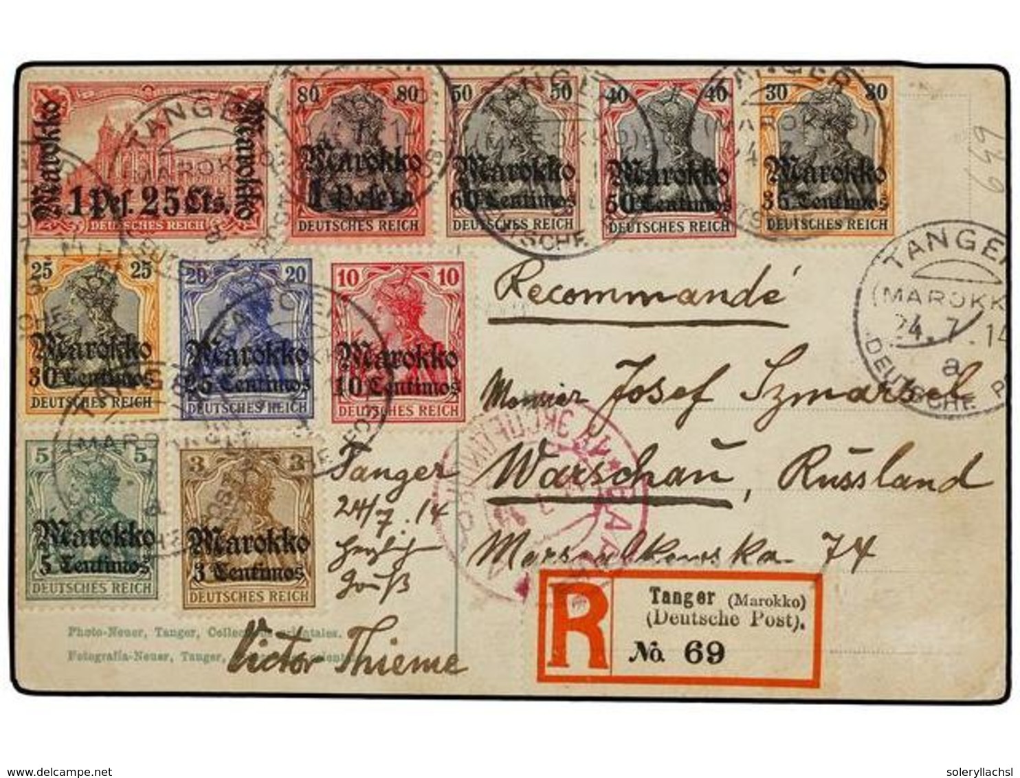 MARRUECOS ALEMAN. Mi.46/55. 1914. TANGER A VARSOVIA (Rusia, Polonia). Tarjeta Postal Enviada Por Correo Certificado, Lle - Autres & Non Classés