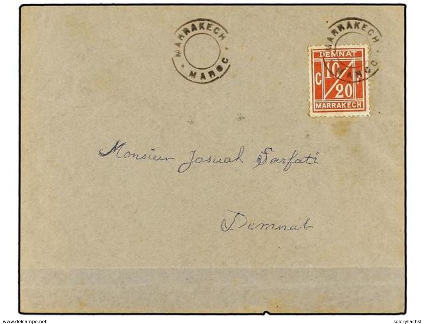 MARRUECOS: CORREO LOCAL. Yv.1. (1907 CA.). MARRAKECH A DEMNAT. Carta Filatélica Con Sello Local 10/20 Cts., Mat. MARRAKE - Autres & Non Classés
