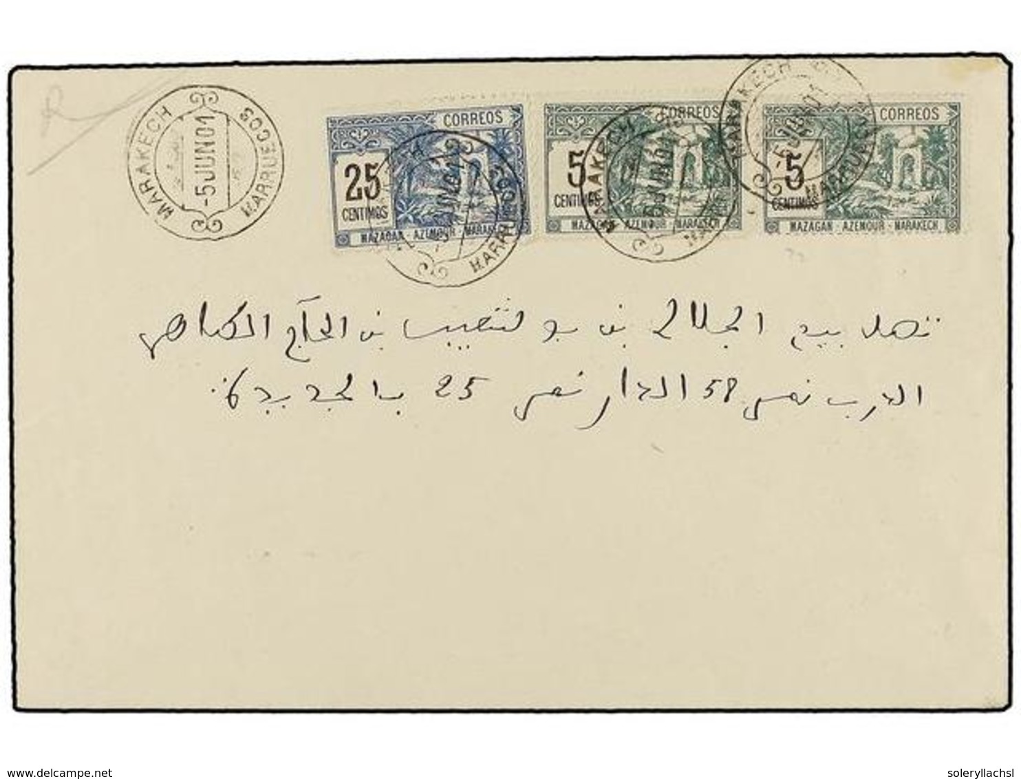 MARRUECOS: CORREO LOCAL. Yv.37 (2), 41a. 1901. MARRAKECH A MAZAGÁN. 5 Cts. Verde Y Negro (2), Dent. 13 1/2 Y 25 Cts. Azu - Autres & Non Classés