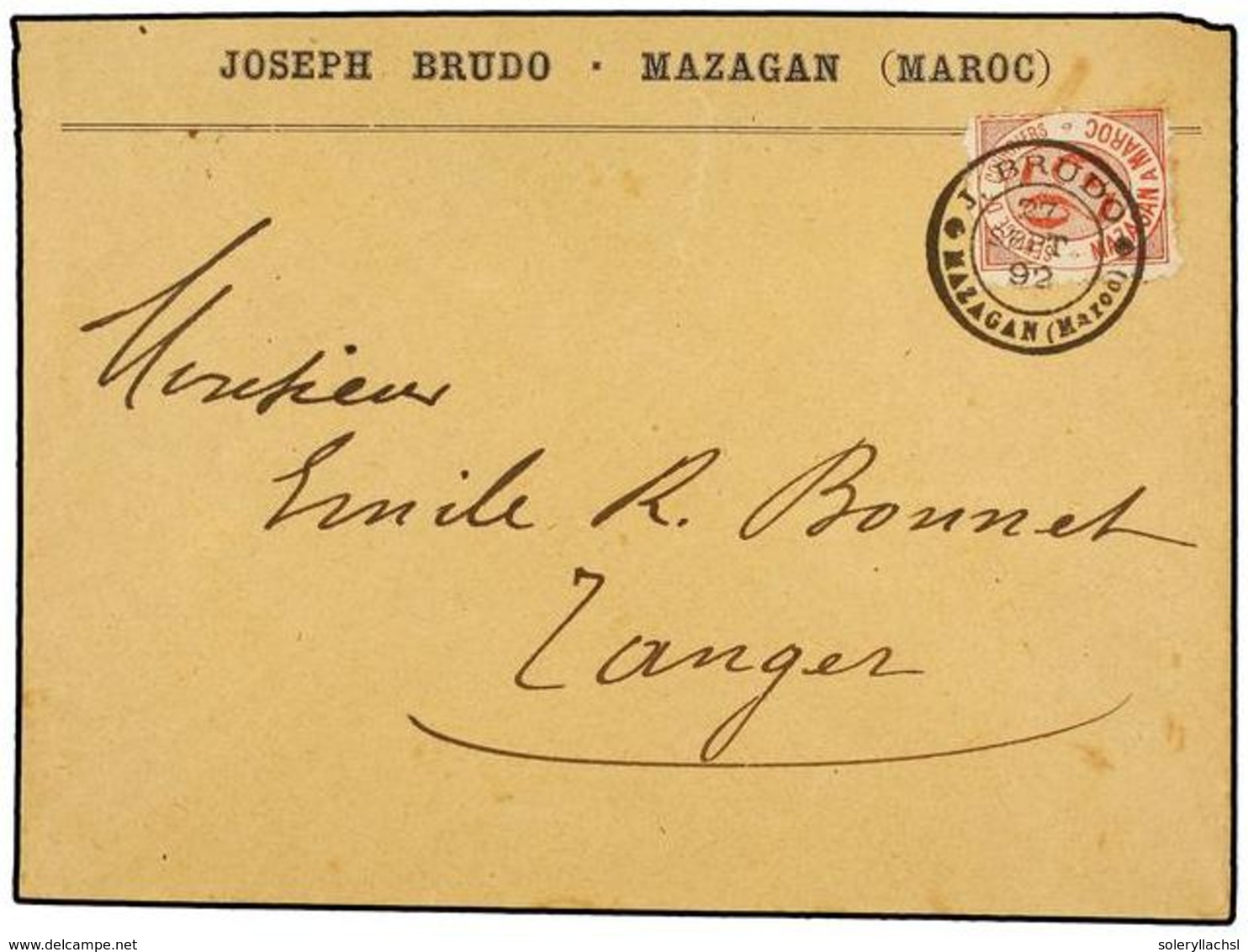 MARRUECOS: CORREO LOCAL. Yv.44. 1892. MAZAGÁN A TANGER. Sobre Circulado Con Sello Local De 25 Cts. Rojo, Mat. J. BRUDO/M - Other & Unclassified