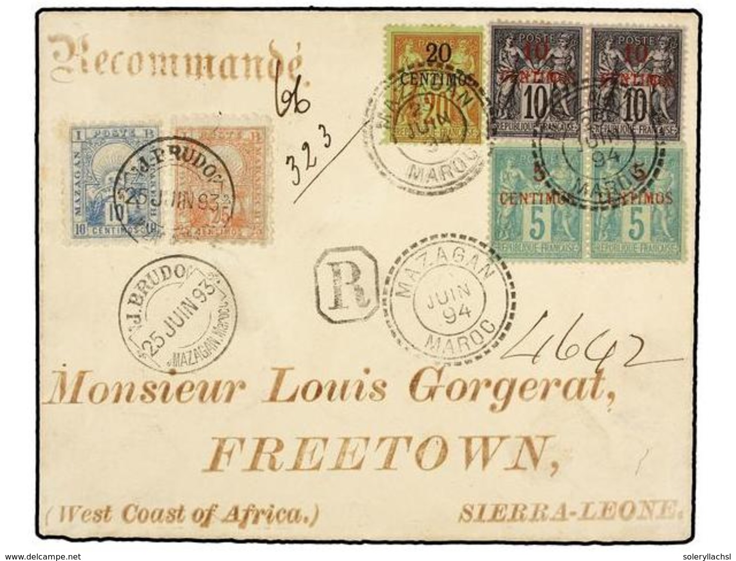MARRUECOS: CORREO LOCAL. Yv.47, 49. 1893. MAZAGÁN A FREETOWN (Sierra Leone). Sobre Circulado Con Sellos Locales De 10 Ct - Autres & Non Classés