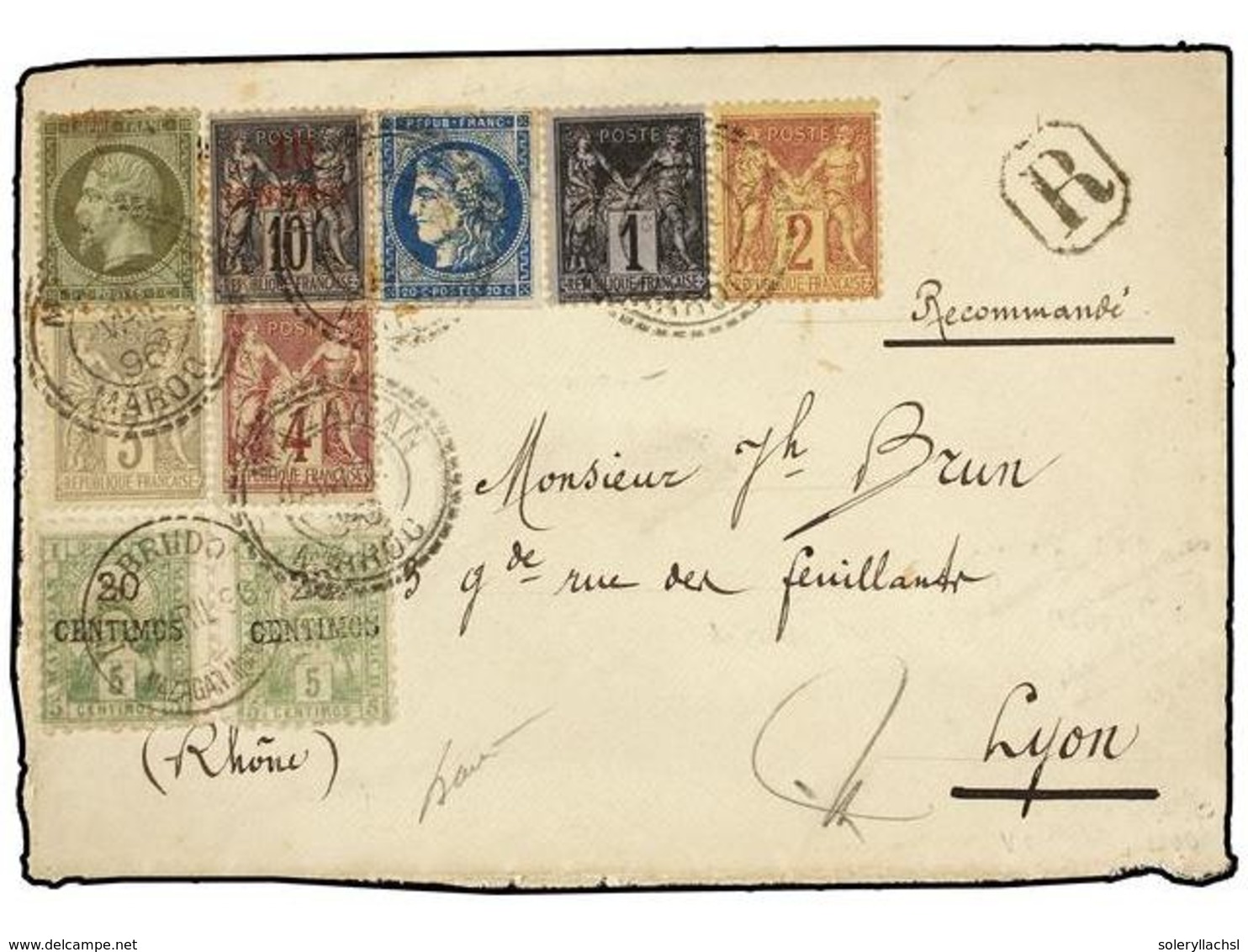 MARRUECOS: CORREO LOCAL. Yv.52 (2). 1896. FRONTAL. MAZAGÁN A LYON. Circulada Con Sellos Locales De 20 Cts. S. 5 Cts. Ver - Sonstige & Ohne Zuordnung