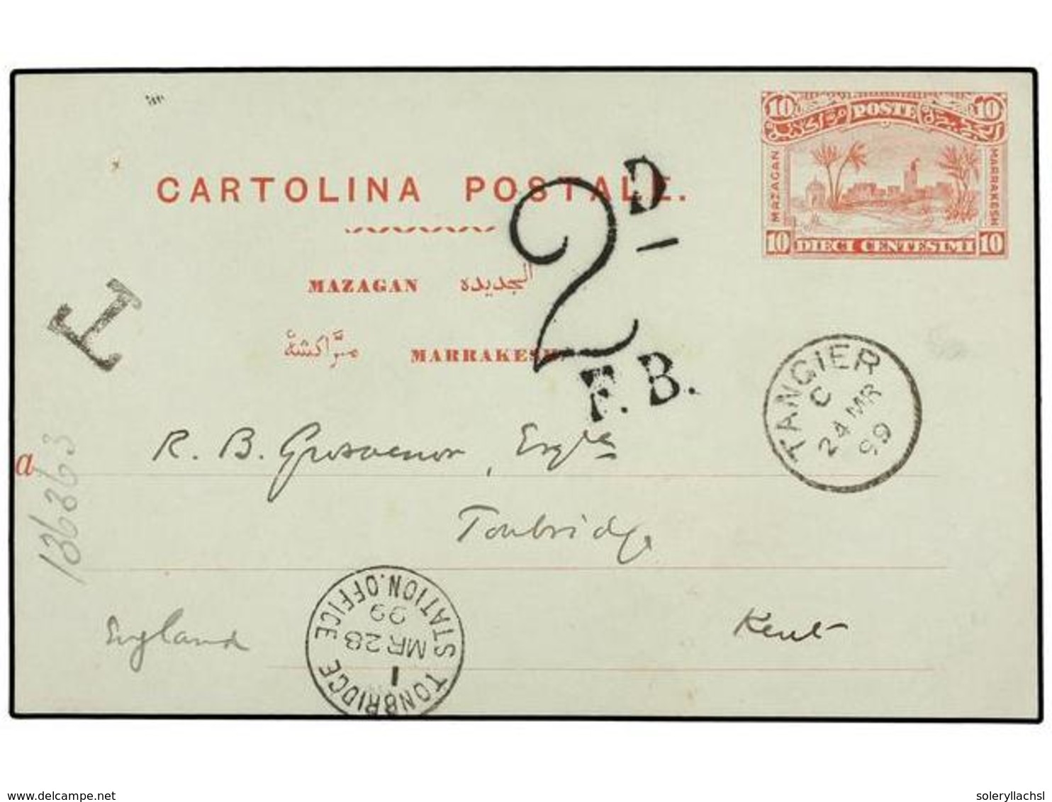 MARRUECOS: CORREO LOCAL. 1888. TANGER A GRAN BRETAÑA. Circulada Con Entero Postal Local De 10 Ctvos. Rojo. A La Llegada  - Sonstige & Ohne Zuordnung