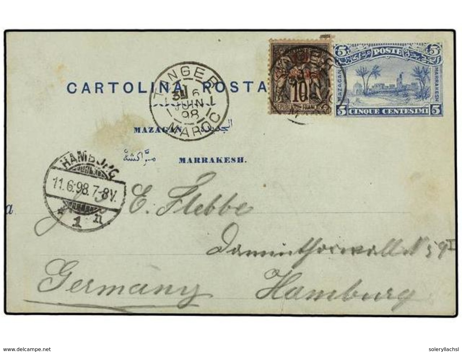 MARRUECOS: CORREO LOCAL. 1898. TANGER A ALEMANIA. Entero Postal De 5 Cts. Azul Del Servicio Local Junto A Un Sello De Co - Otros & Sin Clasificación