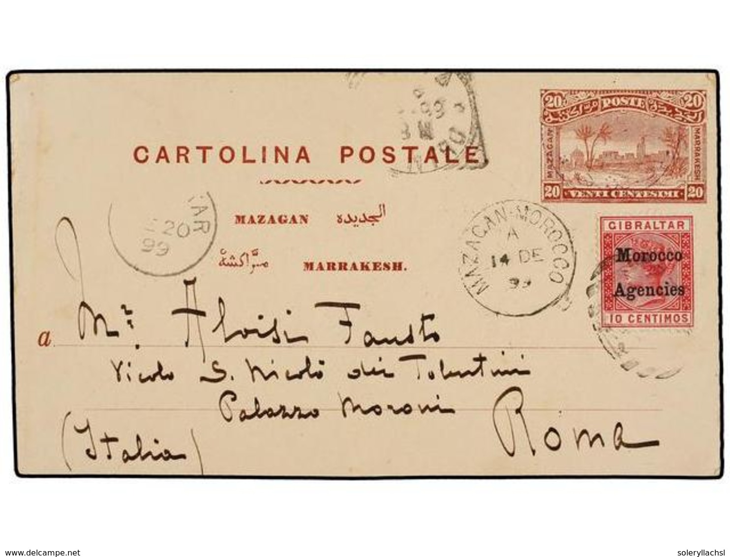 MARRUECOS: CORREO LOCAL. 1899. MARRAKECH A ROMA. Entero Postal De 20 Cts. Castaño Del Servicio Local Circulado Hasta Maz - Otros & Sin Clasificación