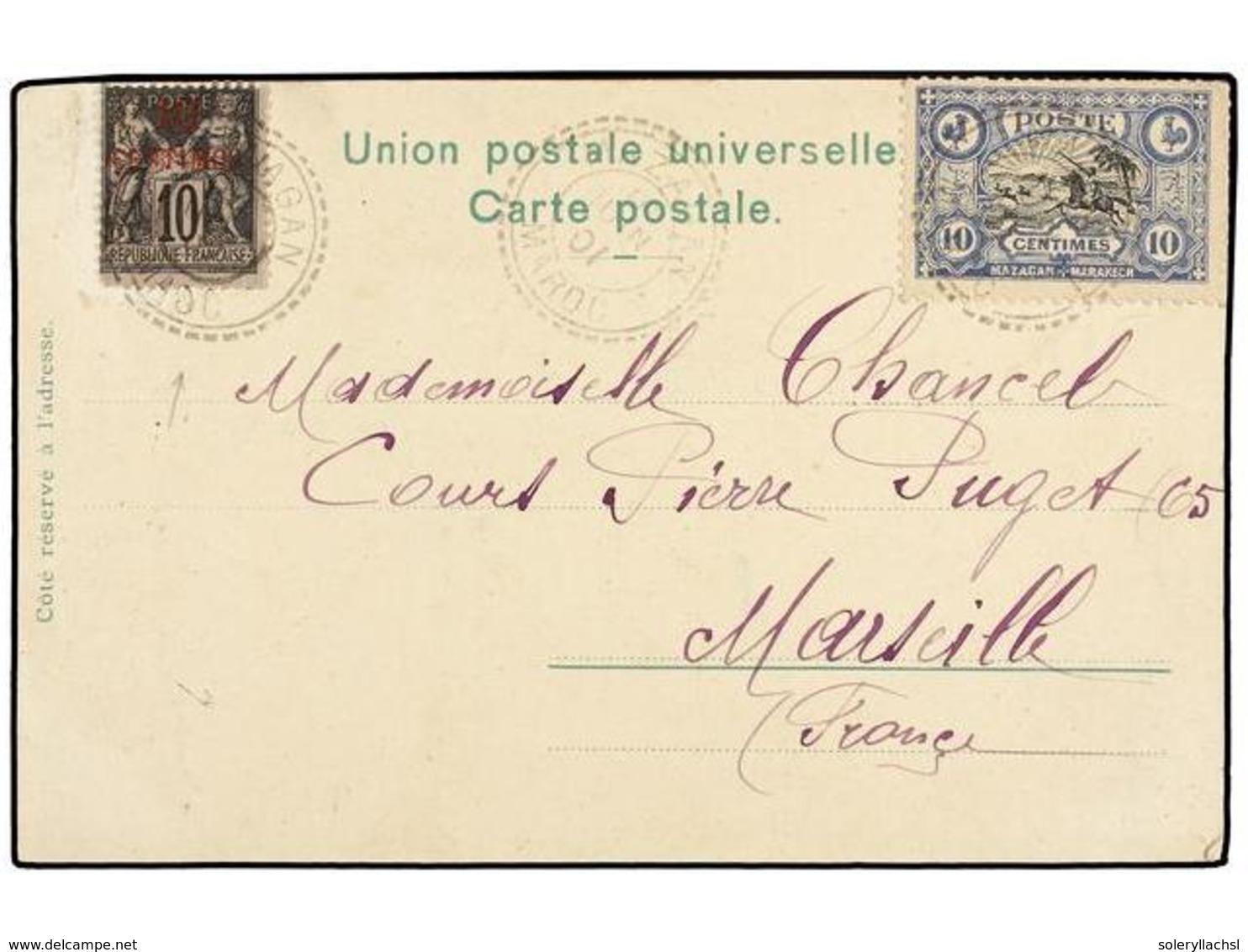 MARRUECOS: CORREO LOCAL. Yv.63. 1901. MAZAGÁN A FRANCIA. Tarjeta Postal Con Sello Local De 10 Cts. Azul Y Sello Francés  - Sonstige & Ohne Zuordnung