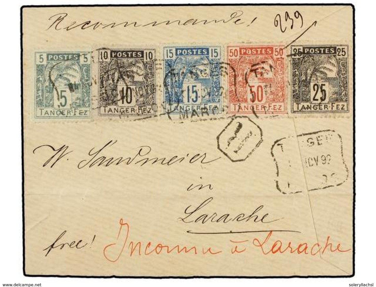MARRUECOS: CORREO LOCAL. Yv.121/25. 1892. TANGER A LARACHE. Circulada Con Sellos Locales De 5 Cts., 10 Cts., 15 Cts., 25 - Other & Unclassified