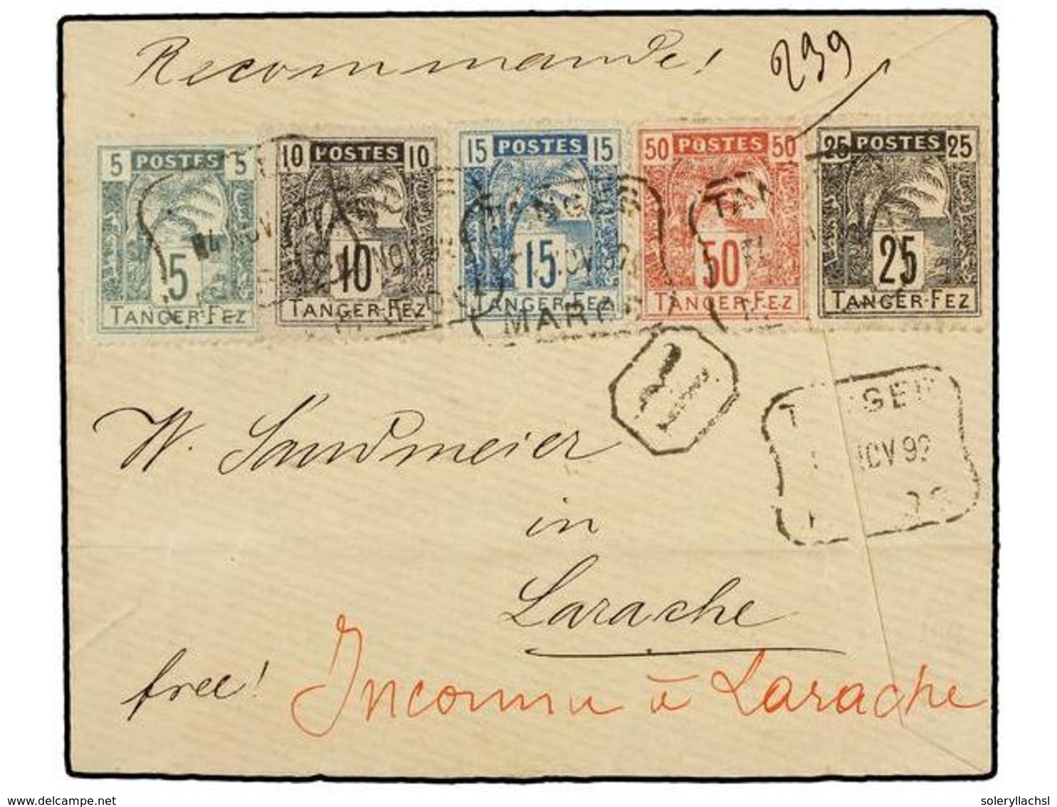 MARRUECOS: CORREO LOCAL. Yv.121/25. 1892. TANGER A LARACHE. Circulada Con Sellos Locales De 5 Cts., 10 Cts., 15 Cts., 25 - Otros & Sin Clasificación