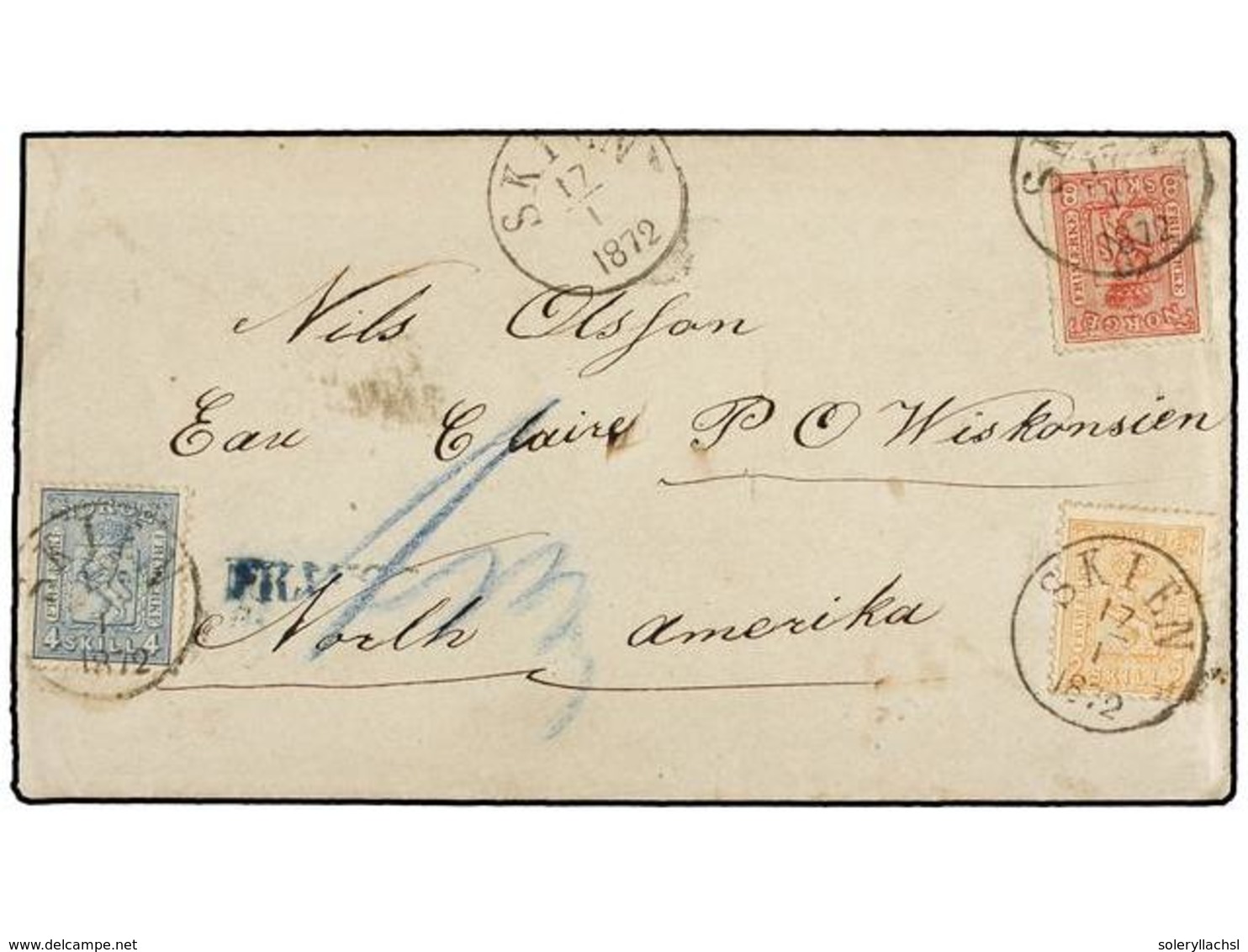 NORUEGA. Fa.12, 14, 15. 1872. SKIEN To U.S.A. Envelope With Full Contents Franked With 2 Sk. Orange, 4 Sk. Blue And 8 Sk - Autres & Non Classés