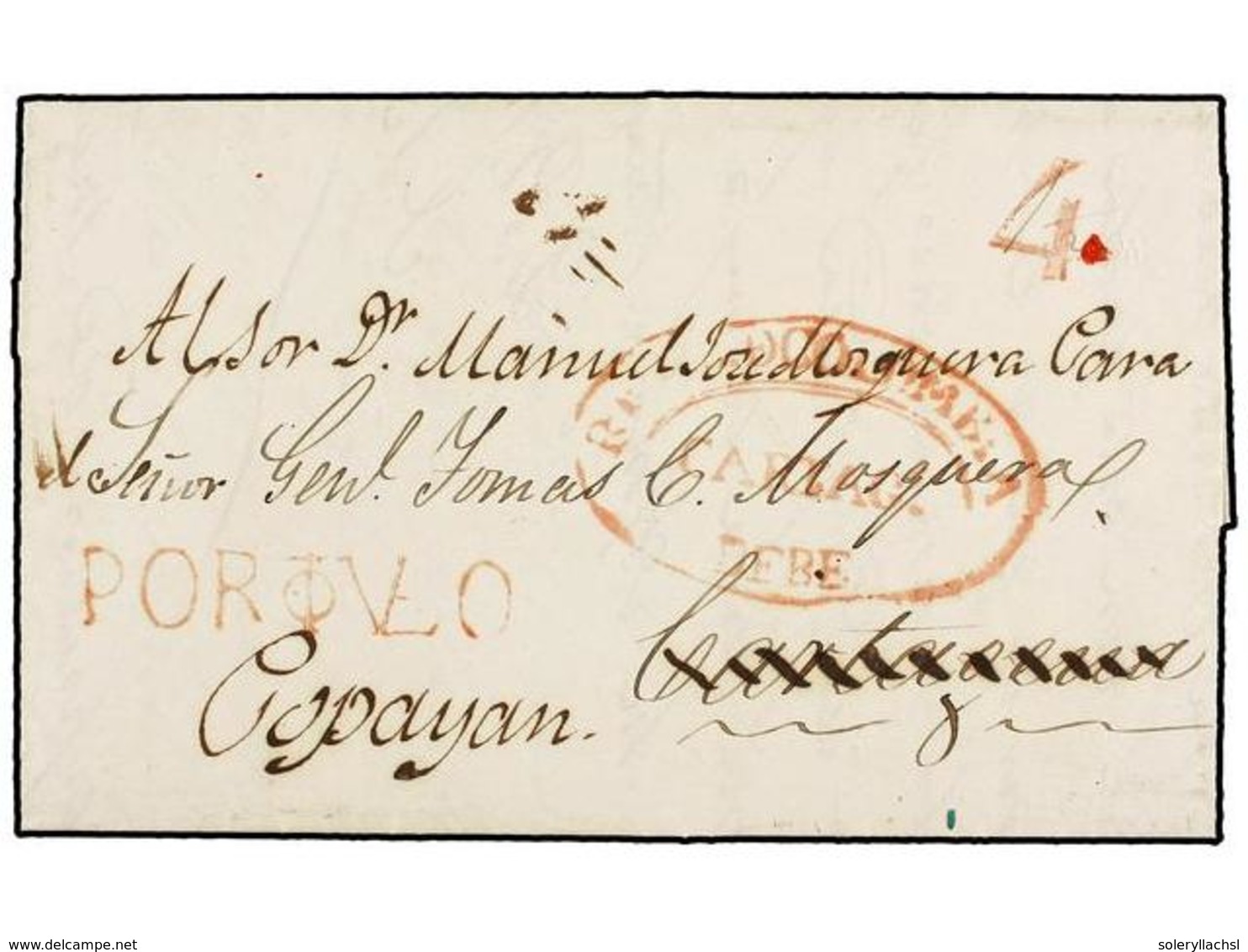 PANAMA. 1833 (20 Febrero). PANAMÁ A CARTAGENA DE INDIAS. Carta Completa Con La Marca PORTVLO (Portovelo) En Rojo. Reexpe - Autres & Non Classés