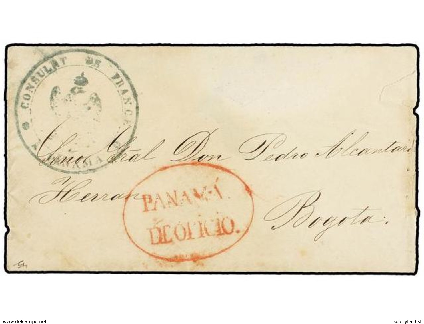 PANAMA. (1840 CA.). PANAMÁ A BOGOTÁ. Sobre Sin Texto, Marca PANAMA/DE OFICIO En Rojo Y CONSULAT FRANÇAIS/A PANAMA. Ex. G - Other & Unclassified