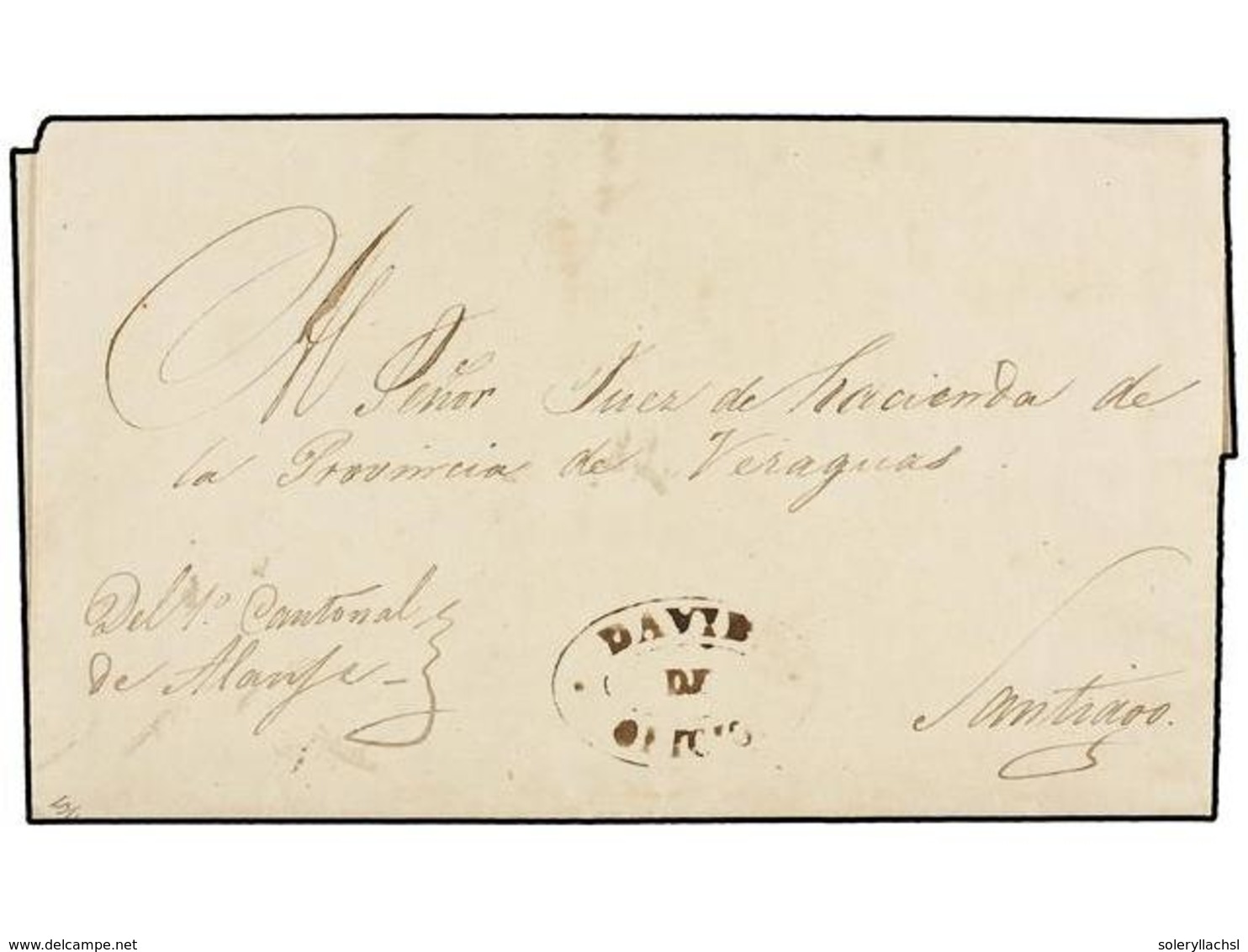 PANAMA. 1849 (18 Abril). DAVID A SANTIAGO. Carta Completa, Marca DAVID/DE/OFICIO En Color Sepia. MAGNÍFICA Y RARÍSIMA, S - Other & Unclassified