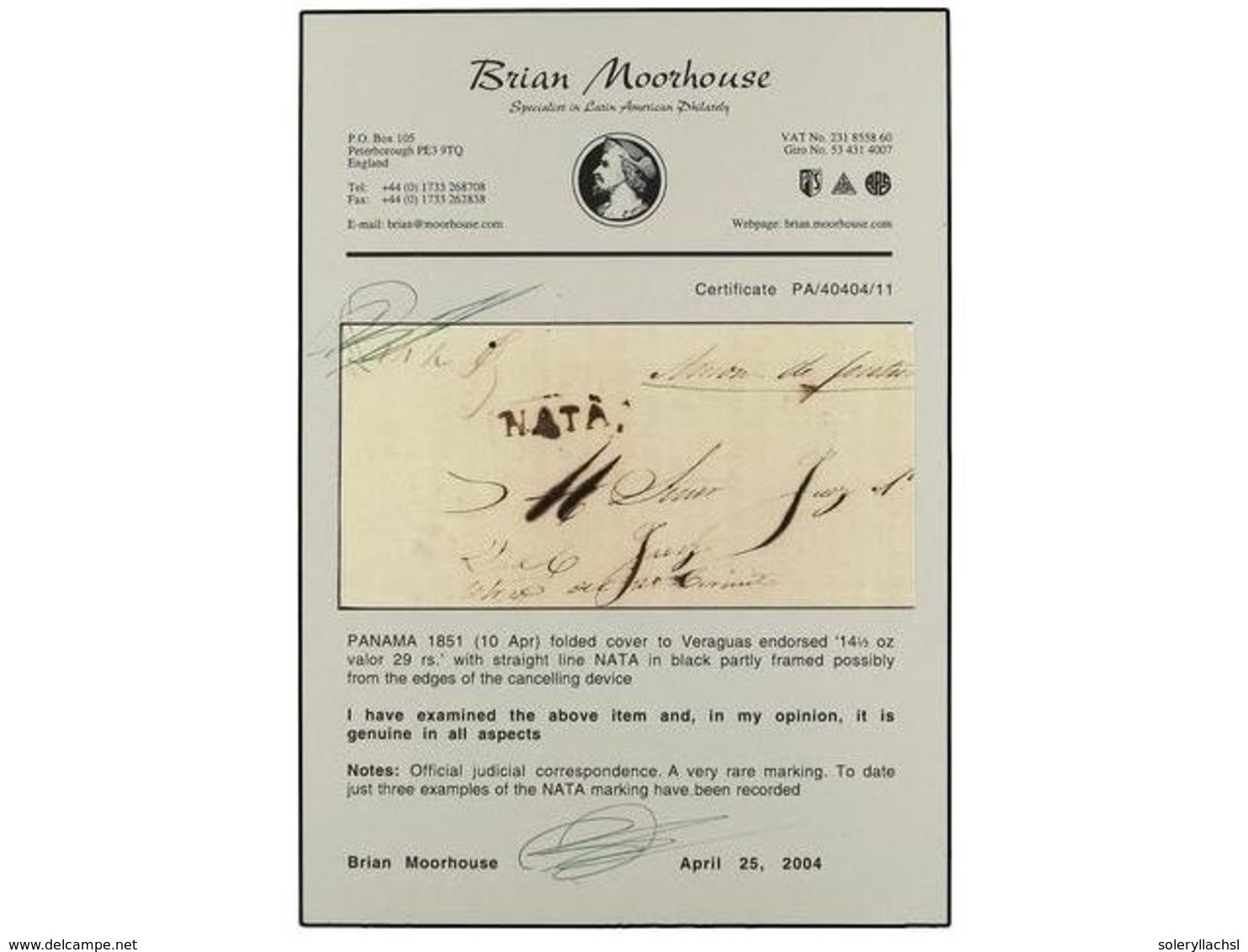 PANAMA. 1851 (10 Abril). NATA A VERAGUA. Plica Judicial Con La Marca NATA En Tinta Sepia Y Porte De 29 Reales. RARÍSIMA, - Other & Unclassified