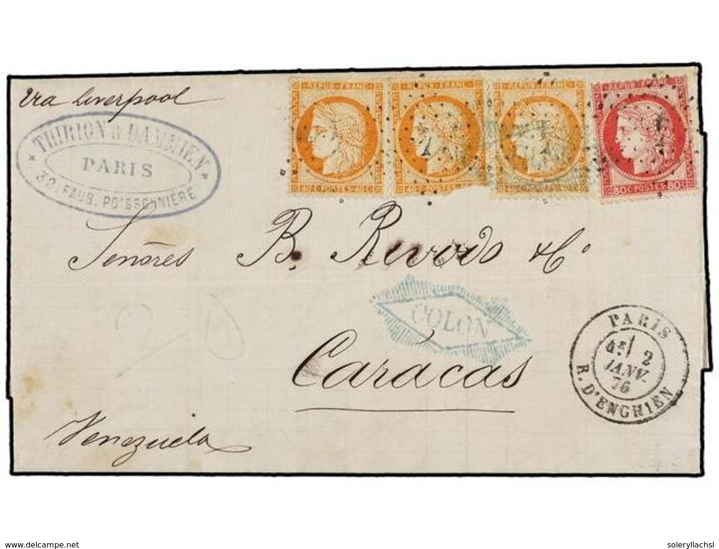 PANAMA. 1876. PARÍS A VENEZUELA. Carta Completa Con Franqueo 40 Cts. Naranja (3) (un Sello Defecto En Origen) Y 80 Cts.  - Autres & Non Classés