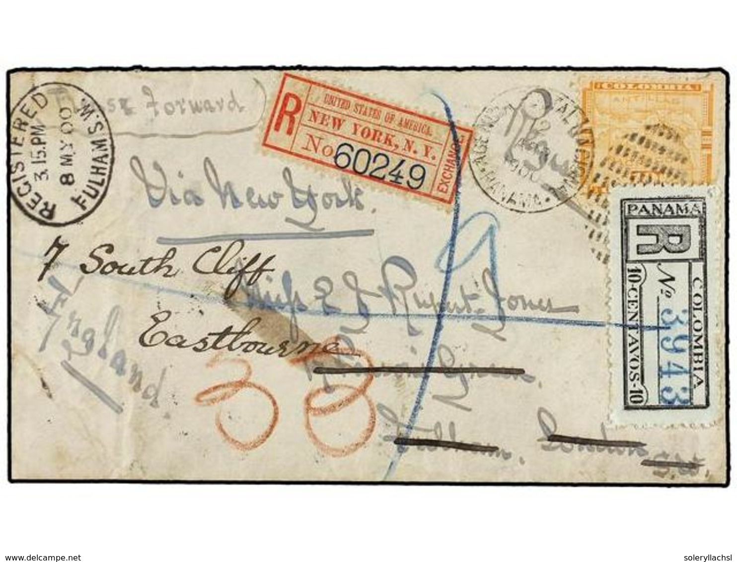 PANAMA. Sc.18+F3. 1900. PANAMÁ A LONDRES. Carta Certificada Con Sello De 10 Ctvos. Naranja Y Etiqueta De 10 Ctvos. Del C - Sonstige & Ohne Zuordnung