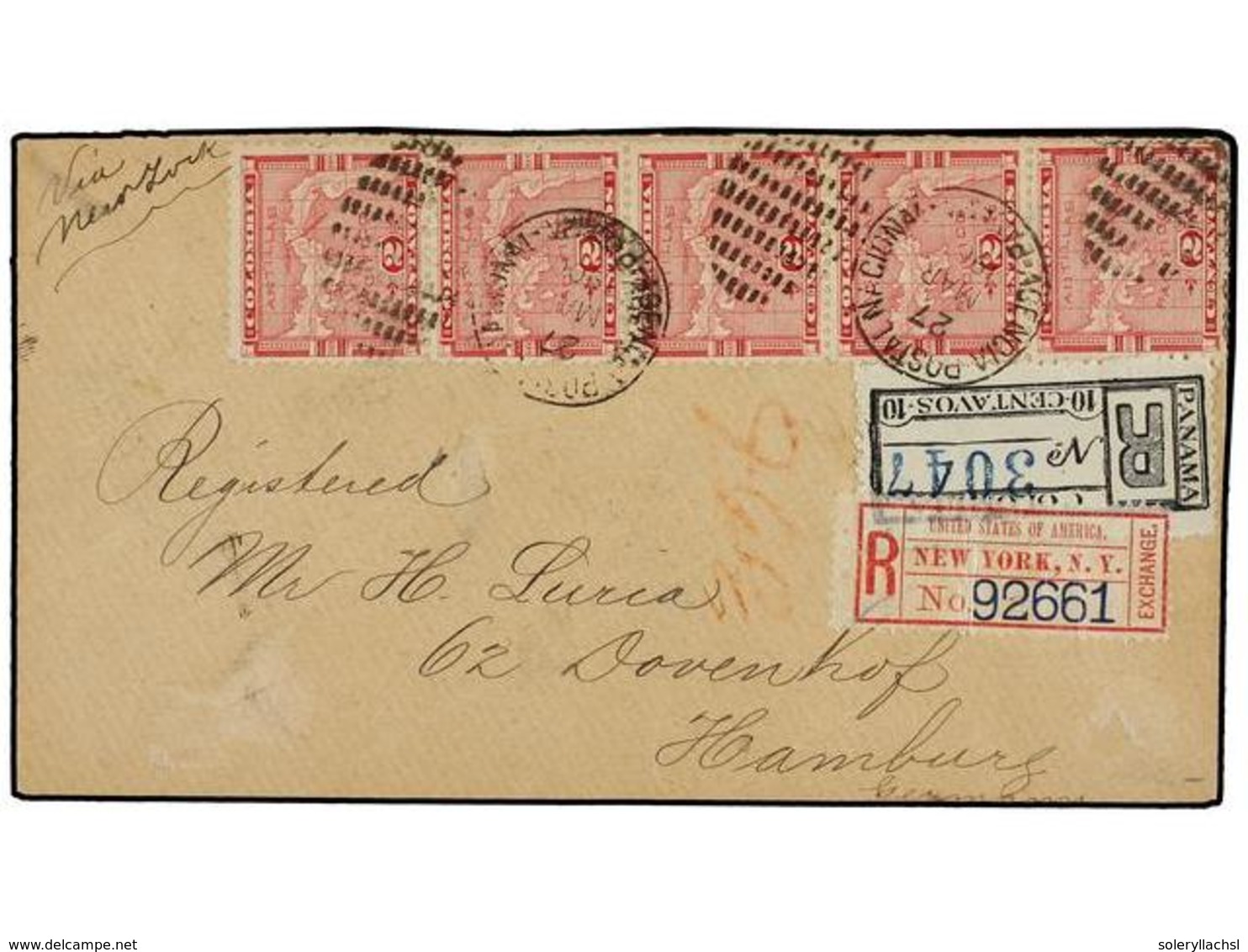 PANAMA. Sc.16 (5)+F3. 1900. PANAMÁ A HAMBURG (Alemania). 2 Ctvos. Carmín Tira De Cinco Y Sello De Certificados De Panamá - Autres & Non Classés