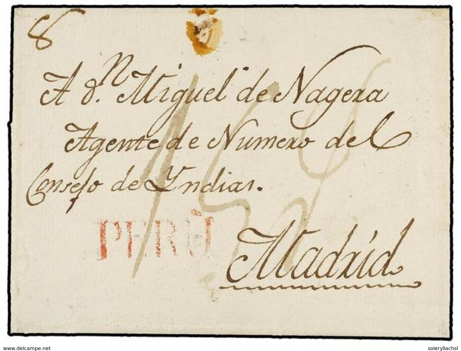 PERU. (1800 CA.). PERÚ A MADRID. Envuelta Sin Texto, Marca PERÚ En Rojo Estampada A La Llegada, Porte Manuscrito De "15" - Autres & Non Classés