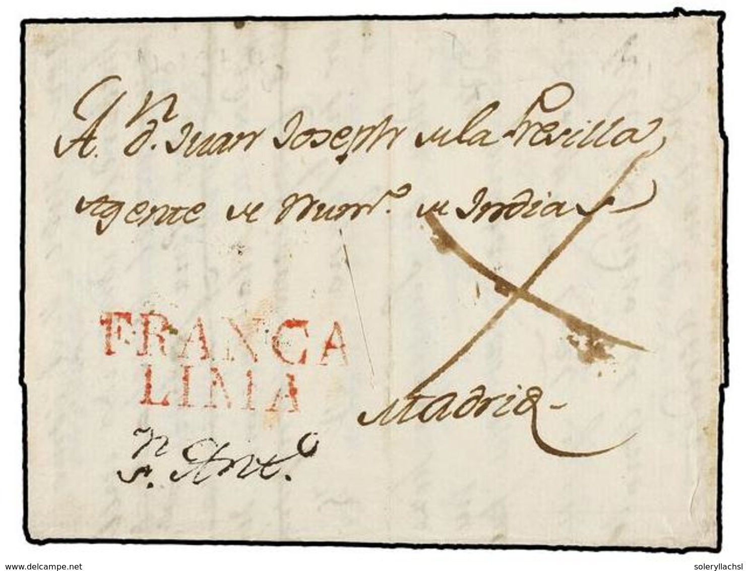 PERU. (1810 CA.). LIMA A MADRID. Envuelta Con Texto, Marca FRANCA/LIMA En Rojo. Corte De Desinfección. - Autres & Non Classés