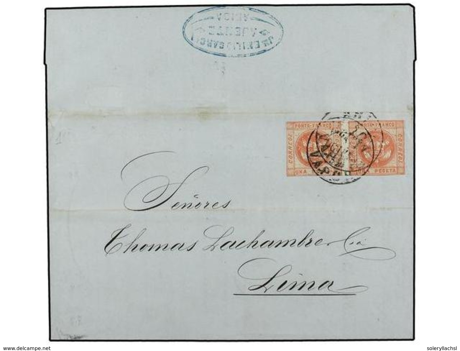 PERU. 1859 (5 Oct.). TACNA A LIMA. 1 Peseta Rosa, Pareja. Mat. ARICA/VAPOR. Al Dorso Marca De Encaminador Que Transportó - Sonstige & Ohne Zuordnung