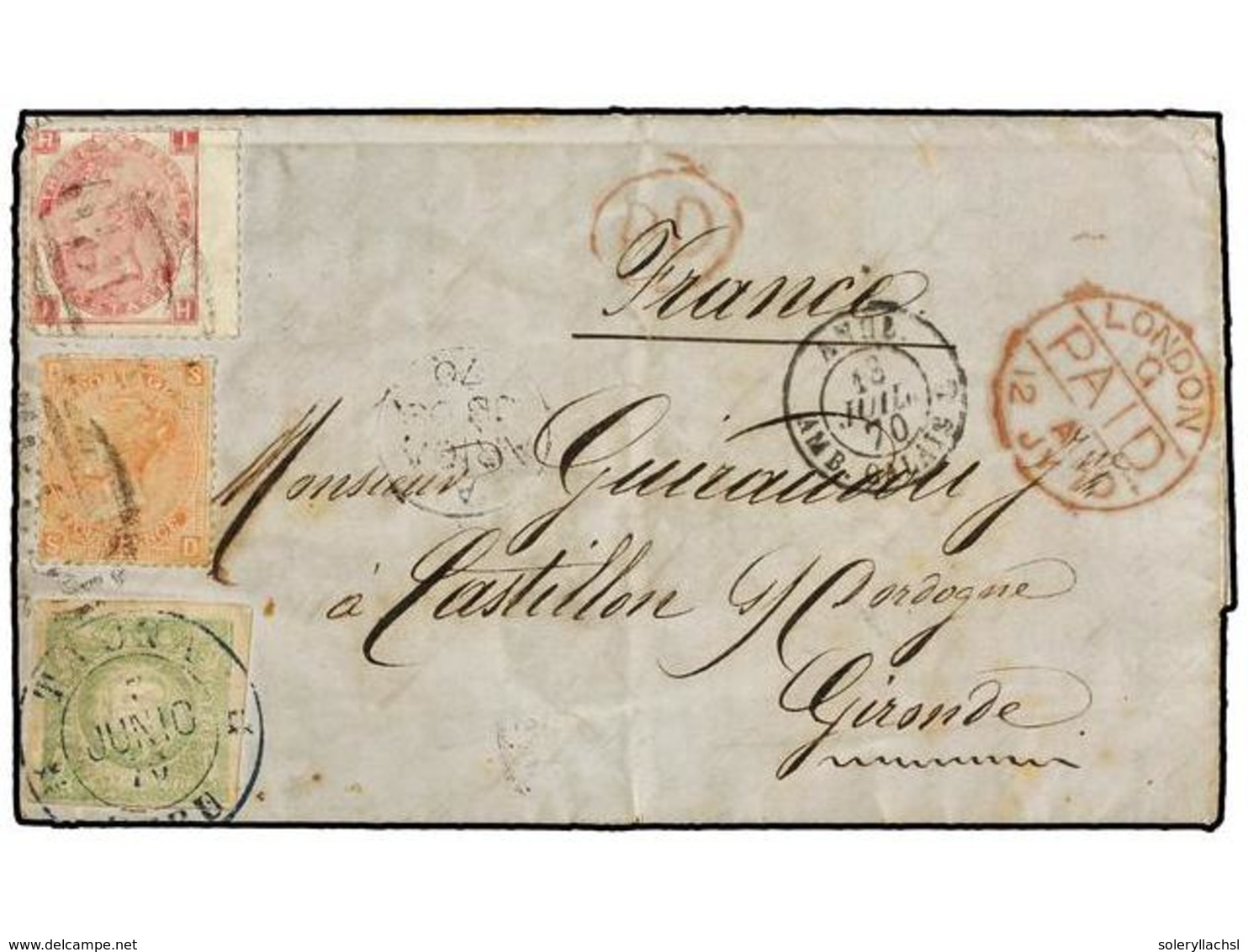 PERU. 1870 (7 Junio). TACNA A FRANCIA. Carta Completa Con Texto Franqueada Con Sello De Perú De 1 Dinero Verde Matasella - Otros & Sin Clasificación