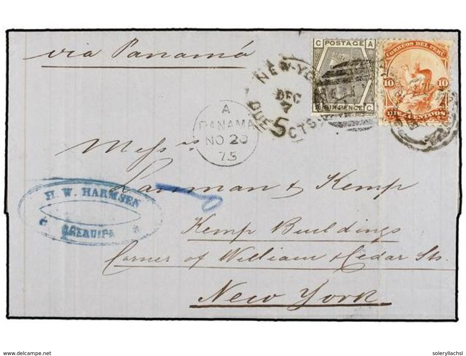 PERU. 1875. AREQUIPA A NEW YORK. 10 Ctvos. Rojo, Mat. AREQUIPA Mixto Con Sello Británico De 6d. Gris Pl. 13, Mat. C-38 D - Otros & Sin Clasificación