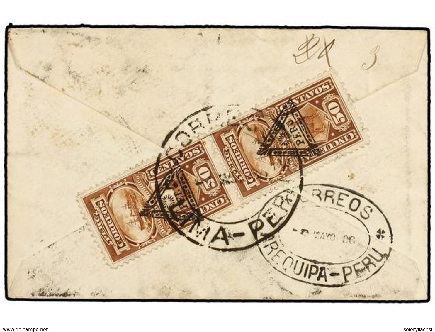 PERU. 1886. LIMA A AREQUIPA. Sobre Circulado Con Sello De 10 Cts. Gris Reutilizado. RARA Marca Circular Con Un "sol" En  - Autres & Non Classés